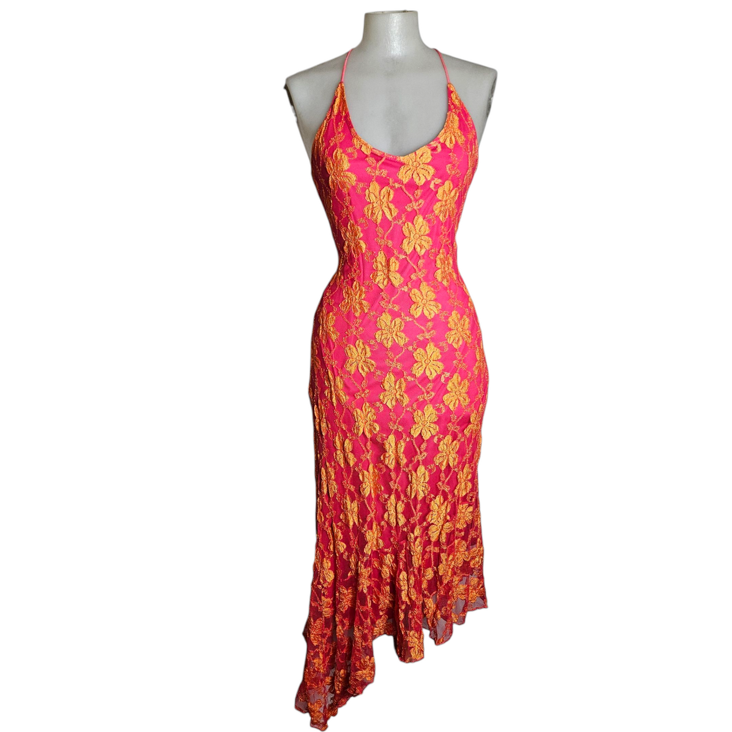 Robe dos nu en dentelle florale rose et orange