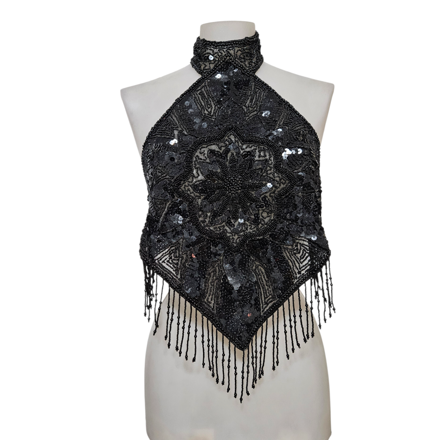 Black open back embroidered with sequins