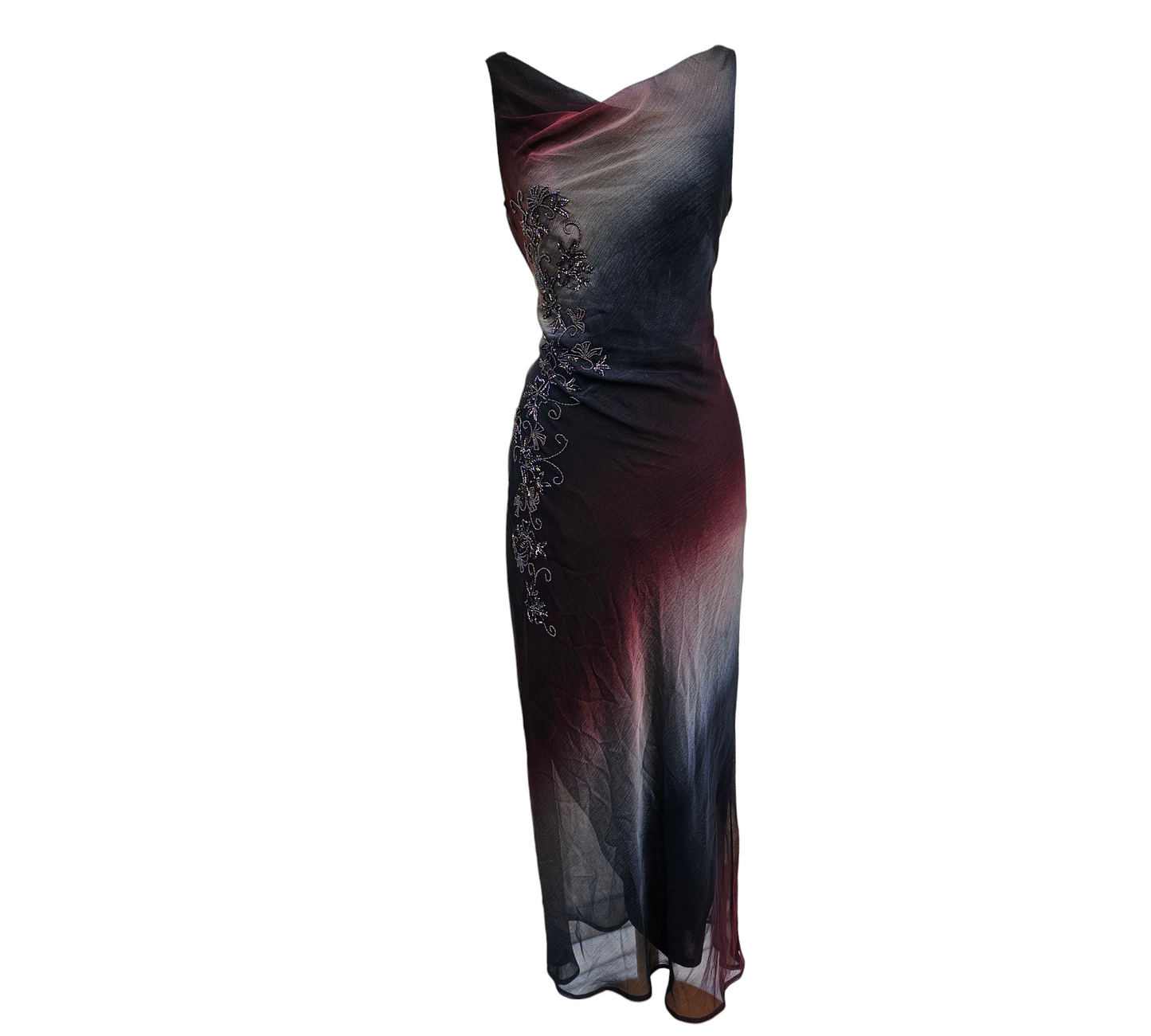 Vintage Y2K black to burgundy ombré chiffon maxi dress with floral bead embroidery, gothic fairycore whimsigoth evening gown by Lucid Dream 2007