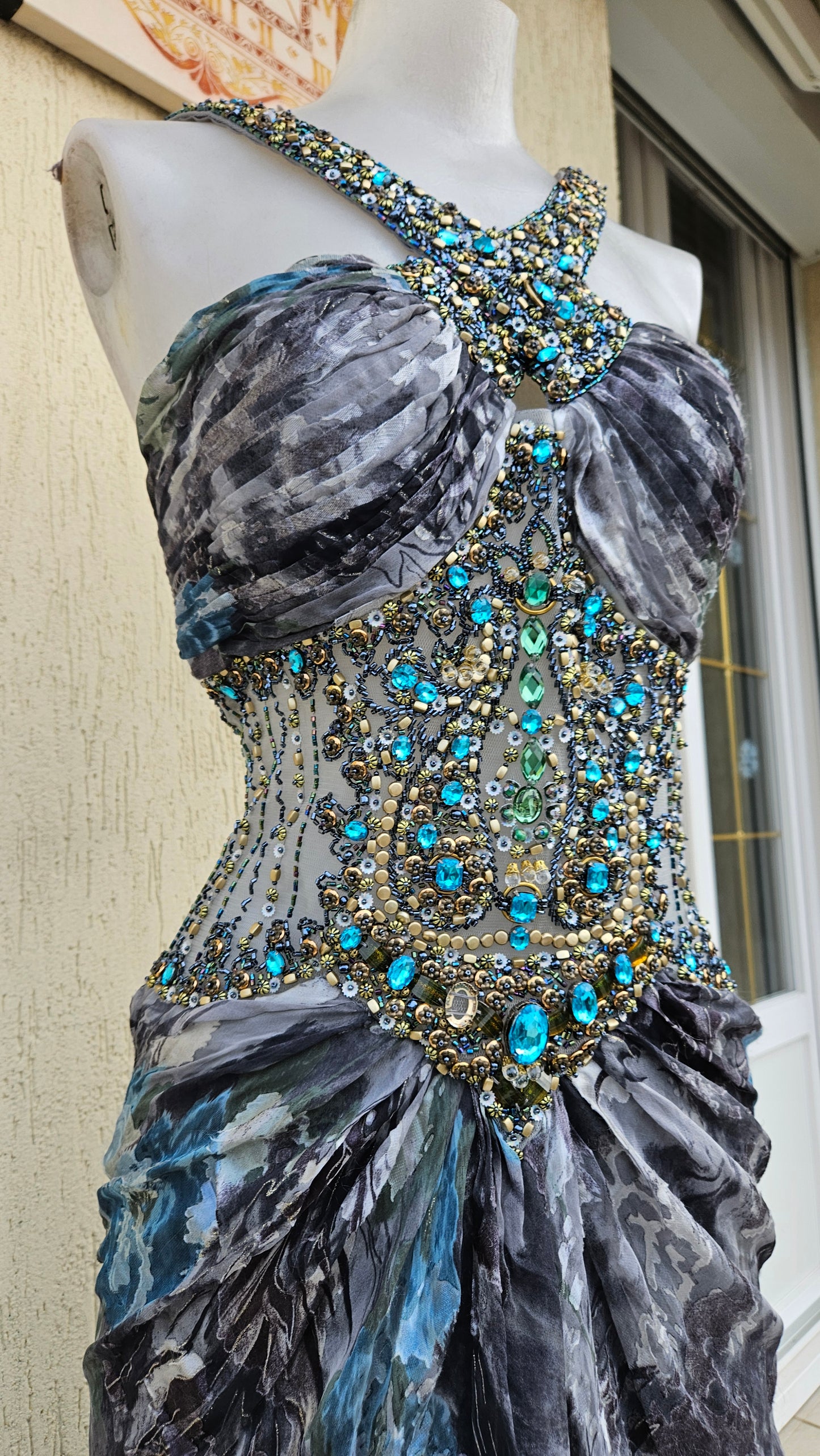 Embroidered silk dress in shades of blue and grey