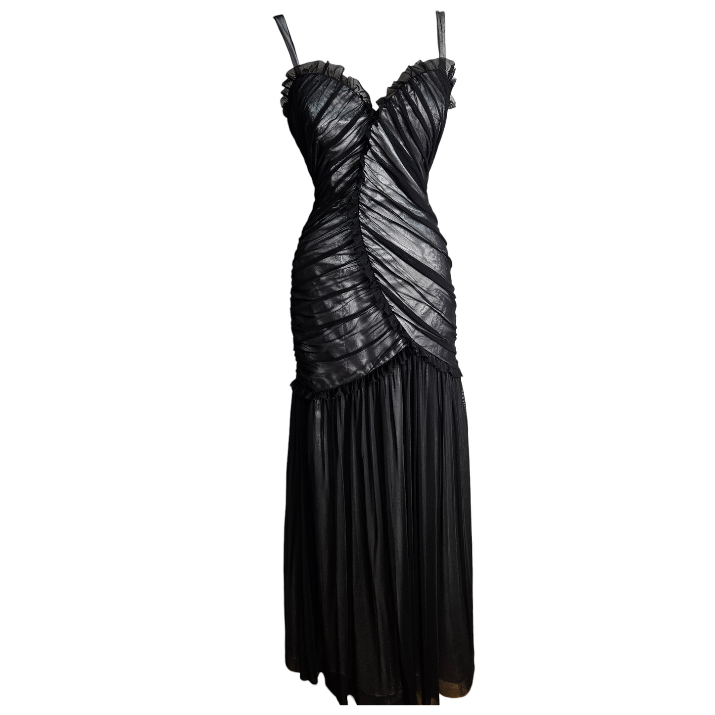 Black pleated evening dress with draped bodice and sheer flowy skirt, elegant y2k fairycore gothic reverie vibe by Lucid Dream 2007