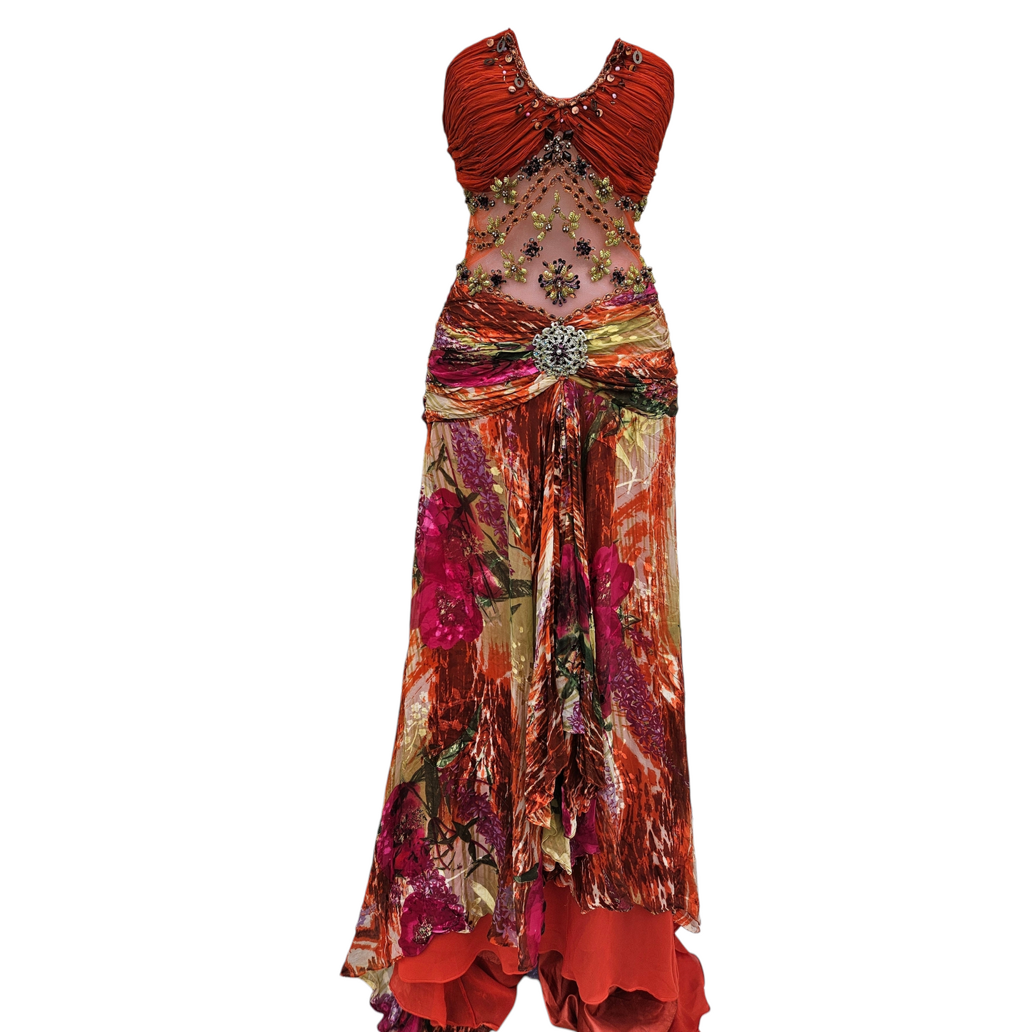 Vintage silk evening gown with beaded bodice and flowing floral skirt, dreamy fairycore and Y2K inspired statement dress by Lucid Dream 2007