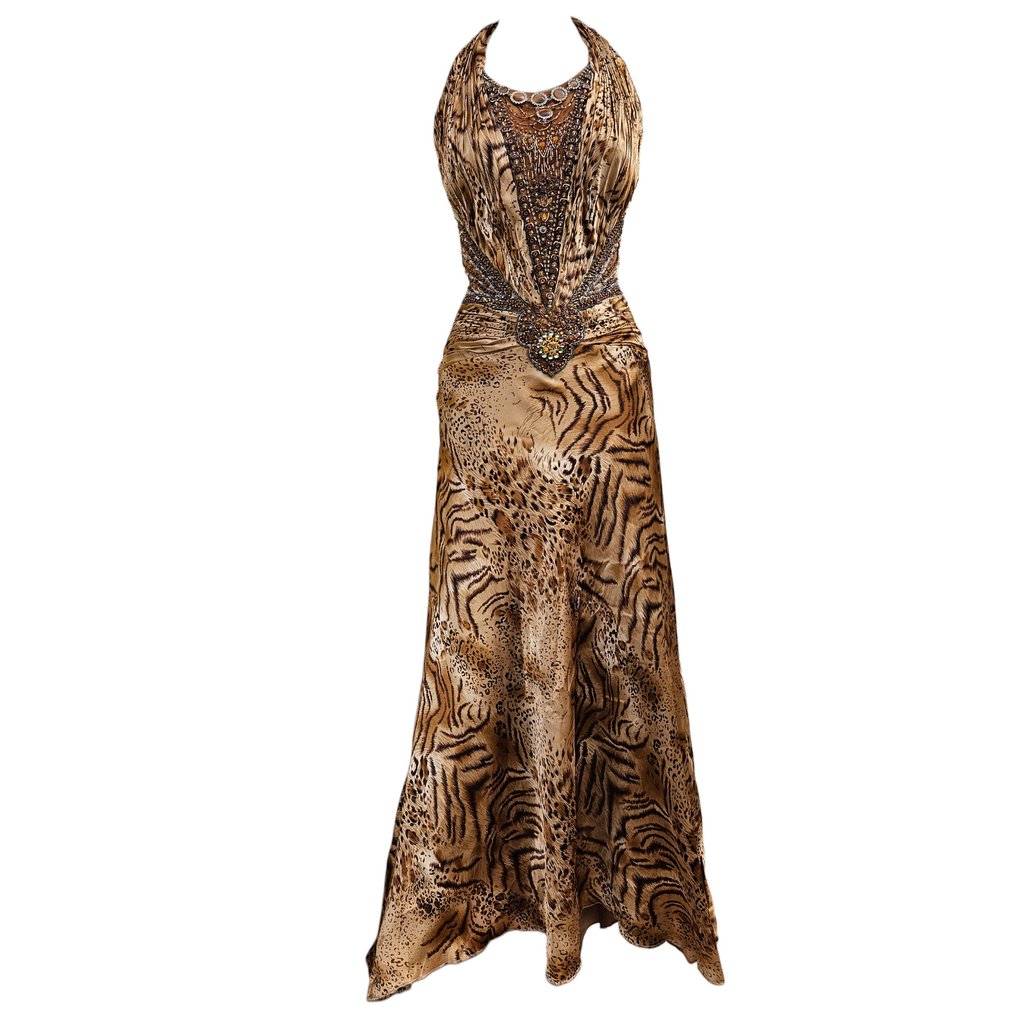 Vintage halter evening gown with dramatic leopard print and ornate beaded bodice, glamorous Y2K exotic prom dress with flowing silhouette by Lucid Dream 2007.