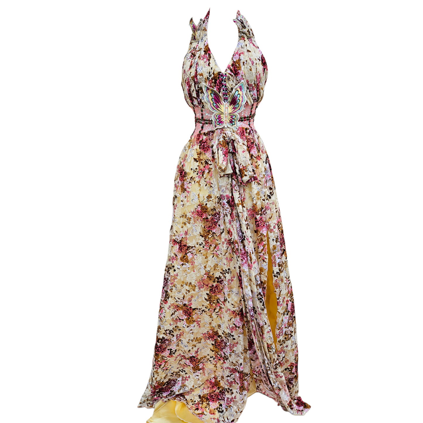 Vintage fairycore halter dress with romantic floral print and colorful butterfly embellishment at the waist, dreamy Y2K garden prom dress with whimsical vibes.