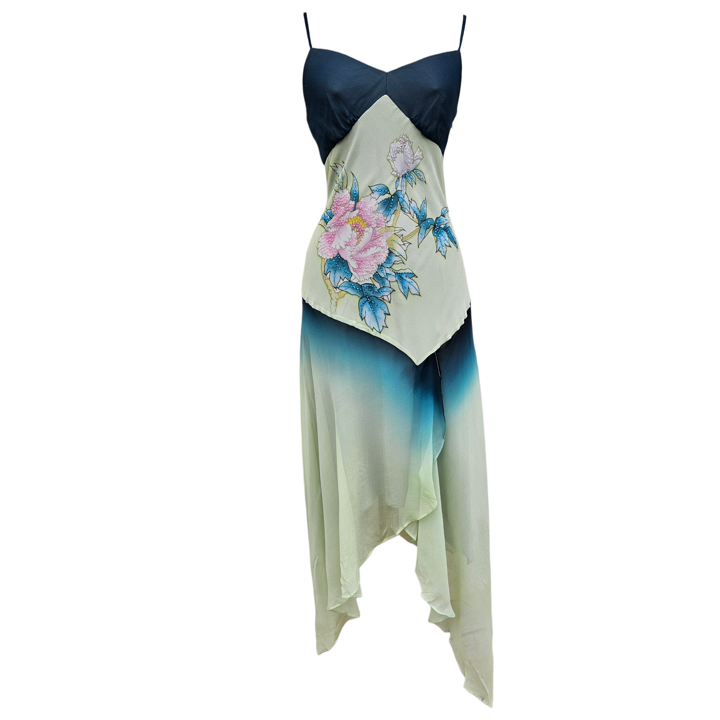 Vintage asymmetrical chiffon dress with floral embroidery, green and blue ombré fairycore Y2K evening dress by Lucid Dream 2007.