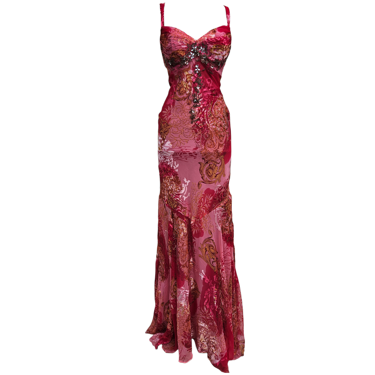 Vintage pink silk evening dress with rhinestone embellishment, romantic paisley print and open cross-back straps, dreamy Y2K fairycore prom dress silhouette.