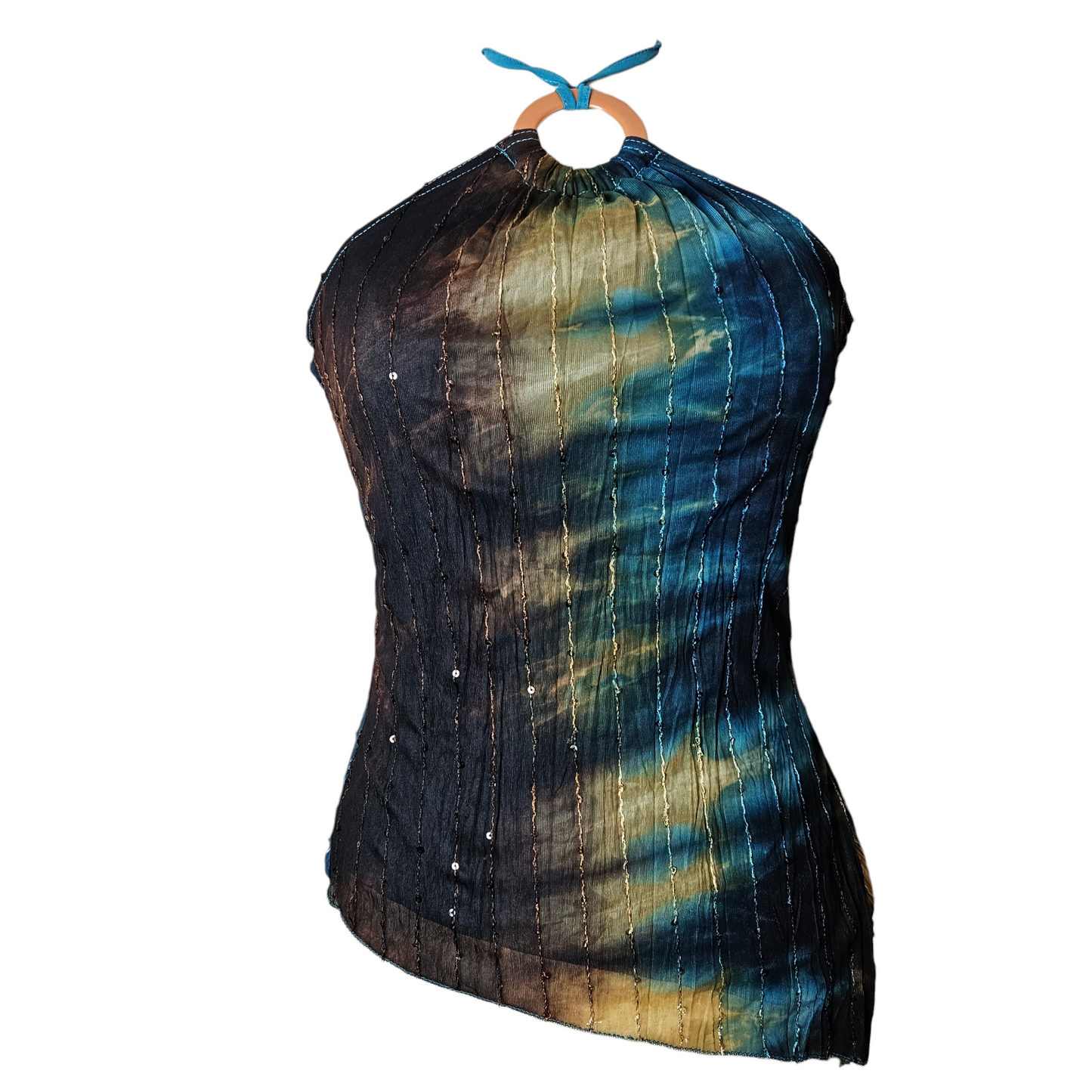 Asymmetric tie-dye top in blue and brown