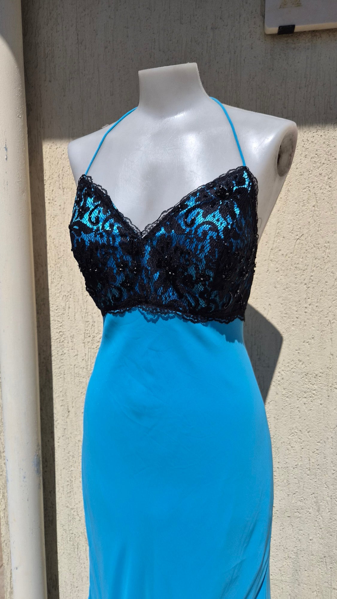 Blue dress with black lace details