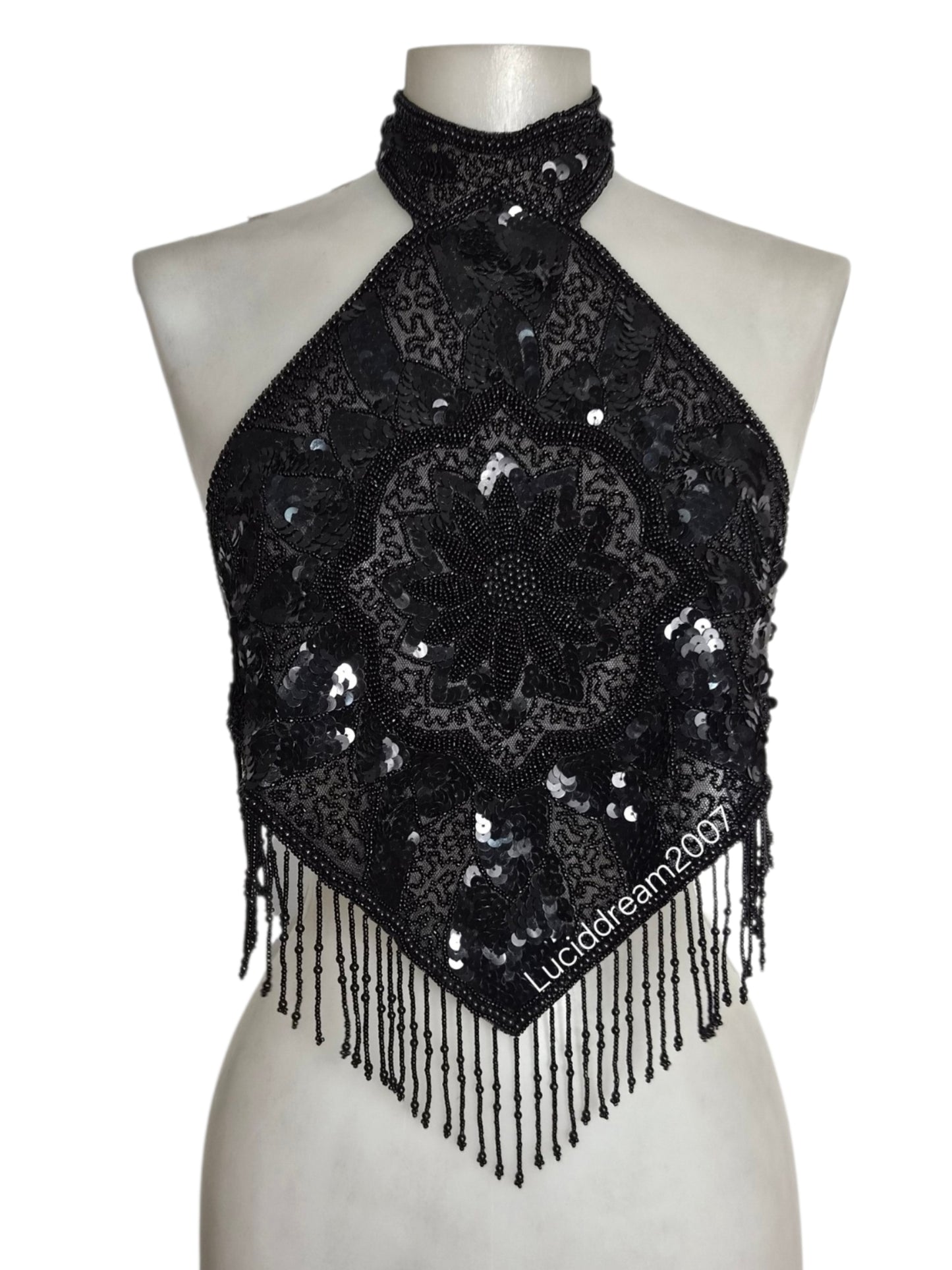 Black sequin-embroidered backless dress