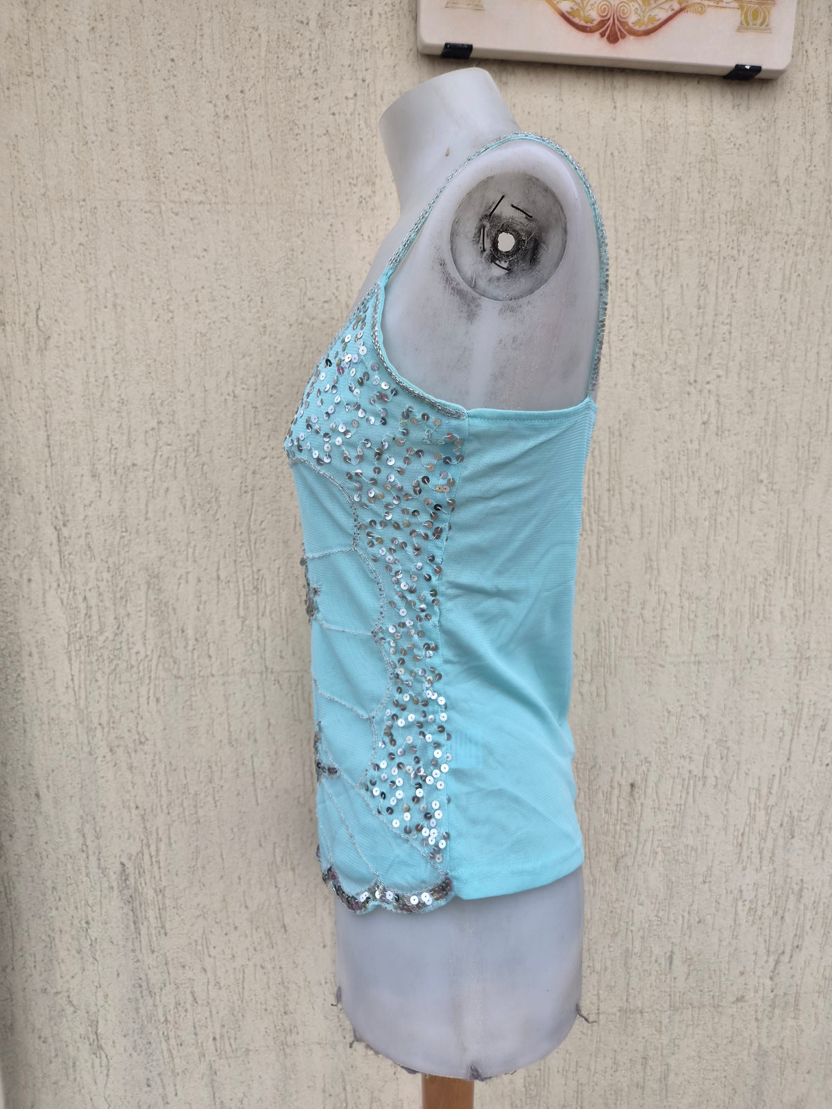 Blue top embroidered with silver sequins