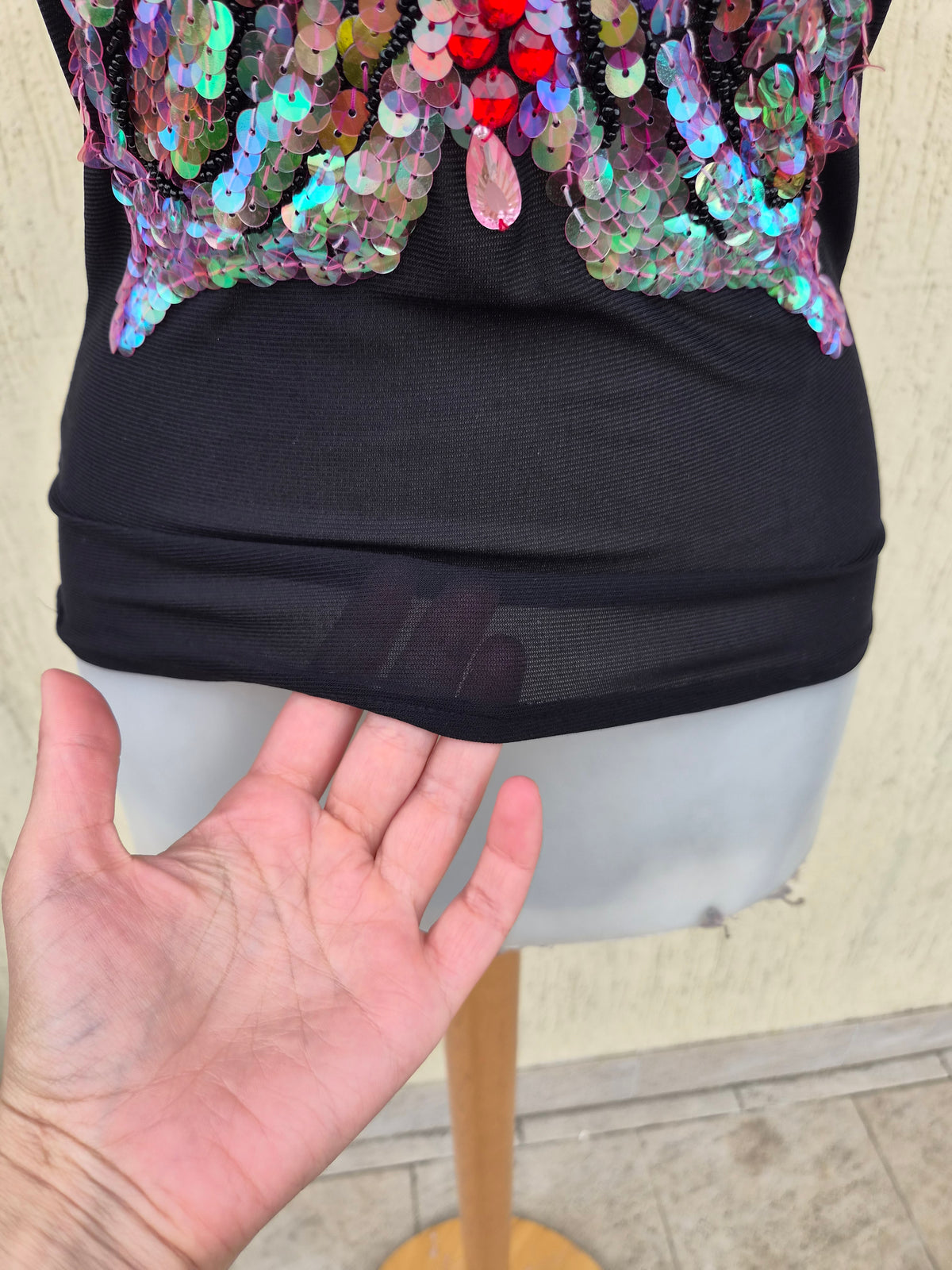 Black sequin butterfly backless top