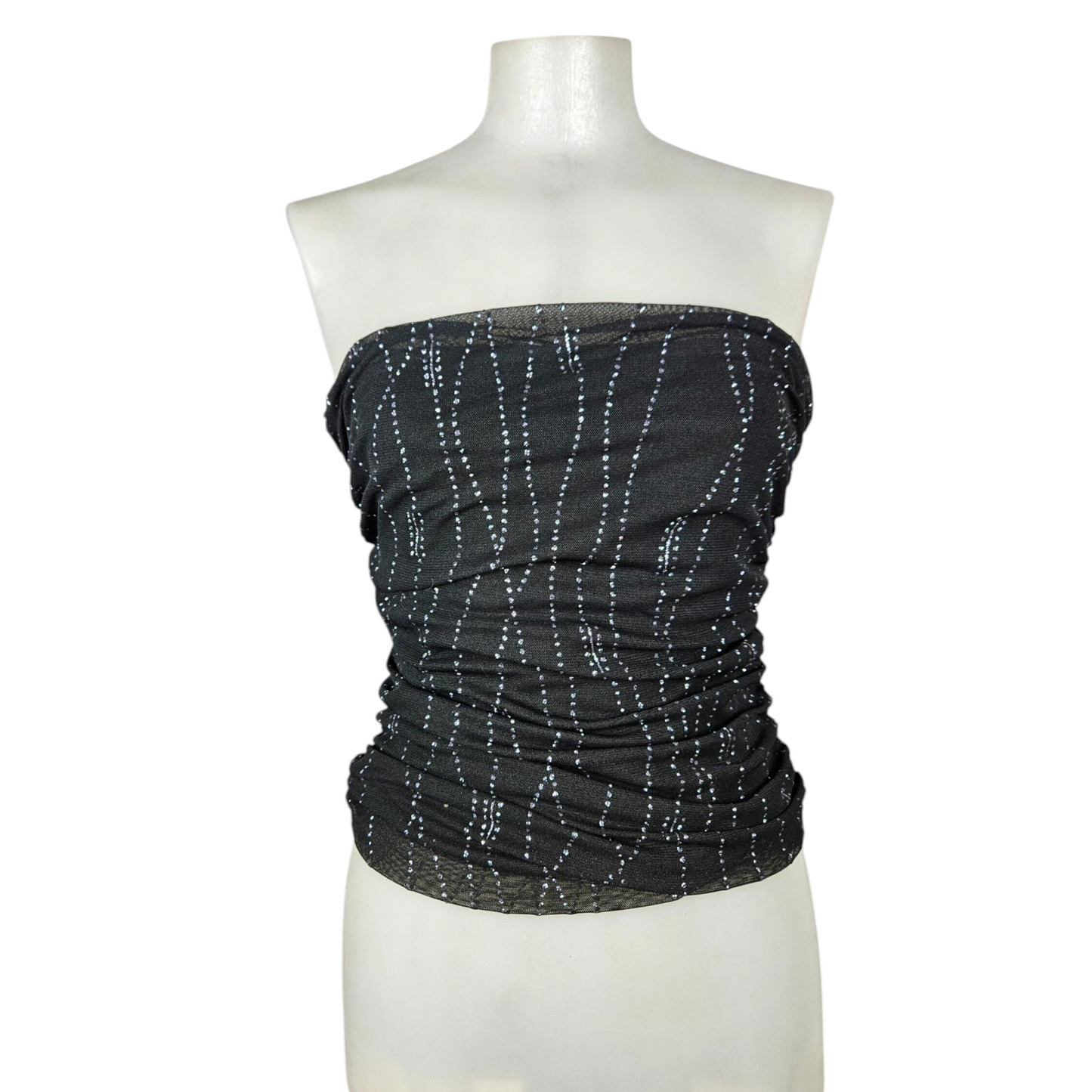 Top strapless mesh plissé et strass