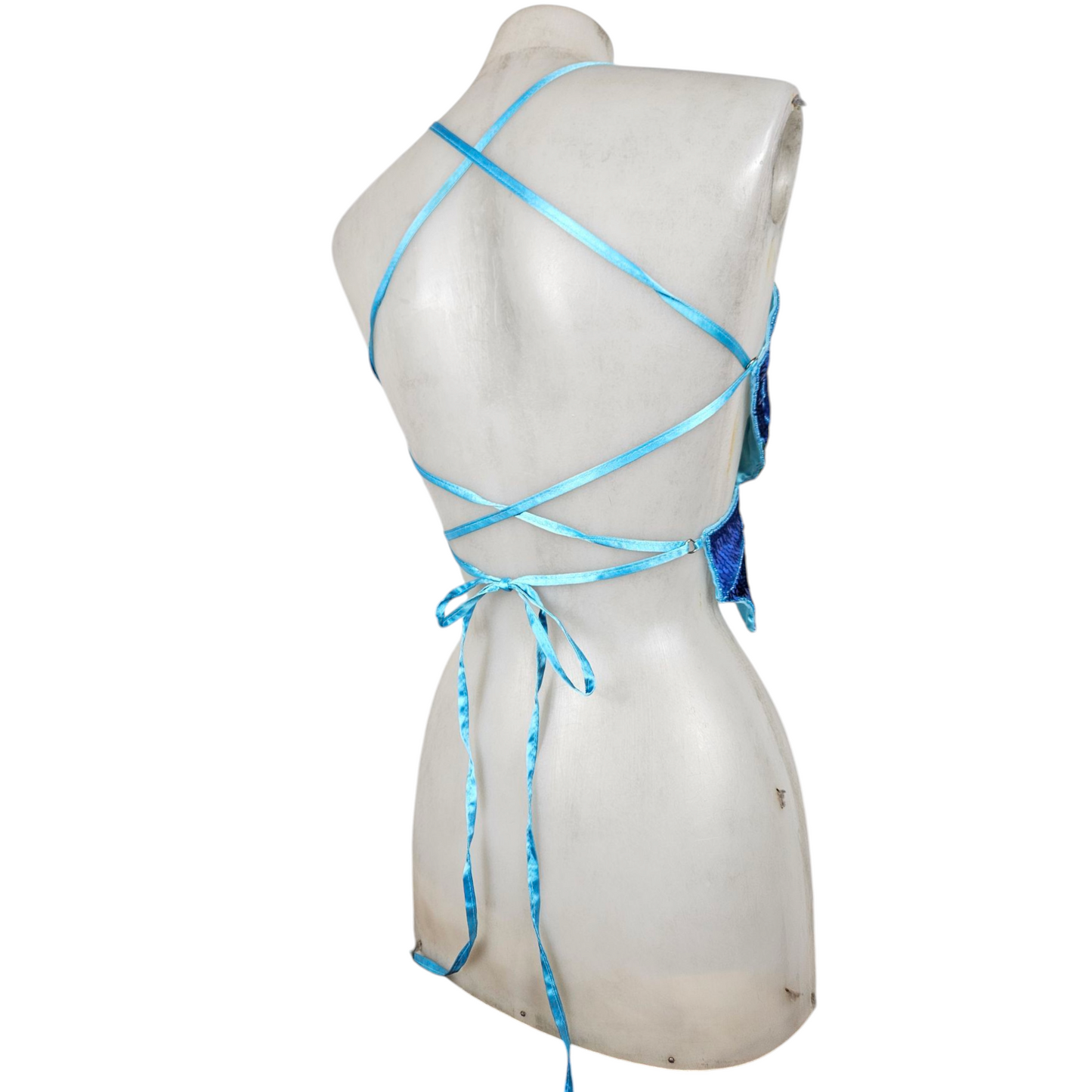 Haut dos nu papillon en sequins bleus et verts