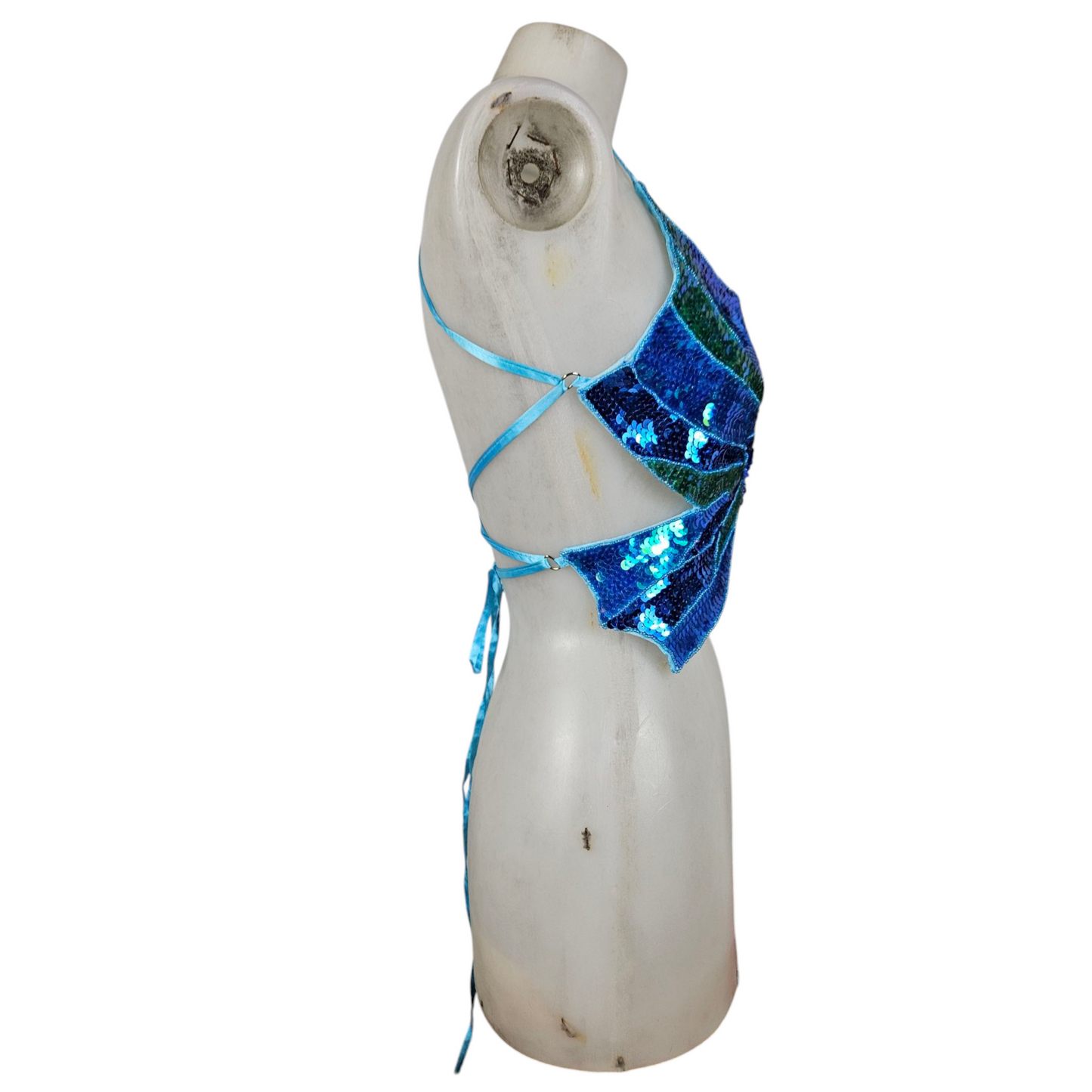 Haut dos nu papillon en sequins bleus et verts