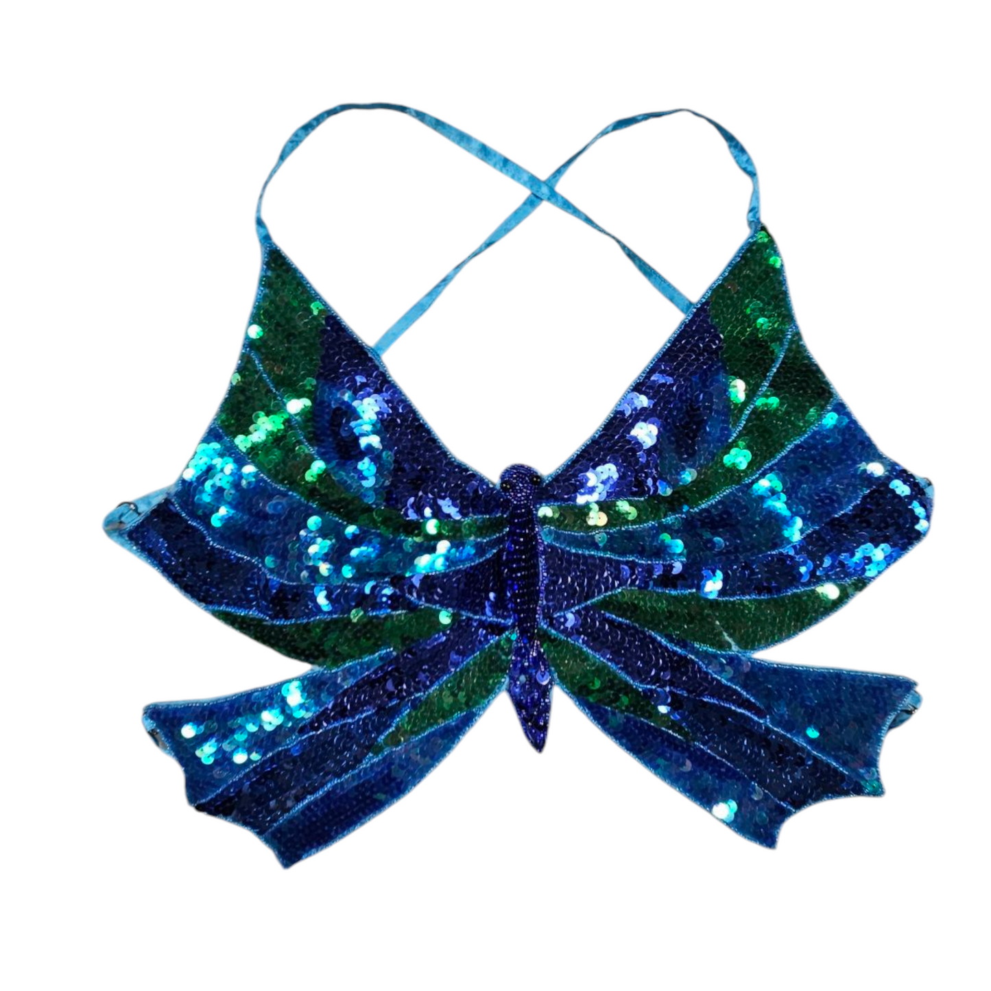 Haut dos nu papillon en sequins bleus et verts