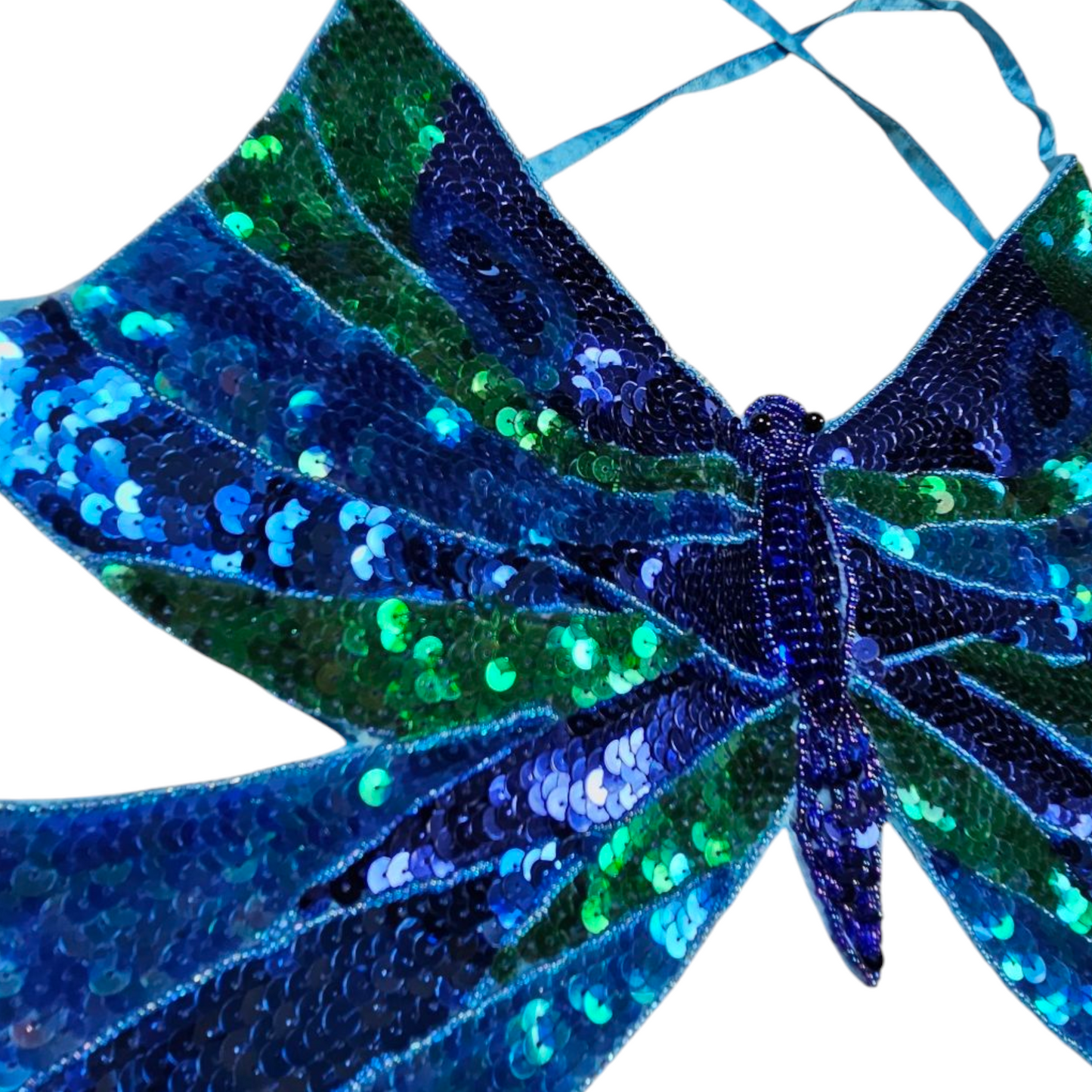 Haut dos nu papillon en sequins bleus et verts