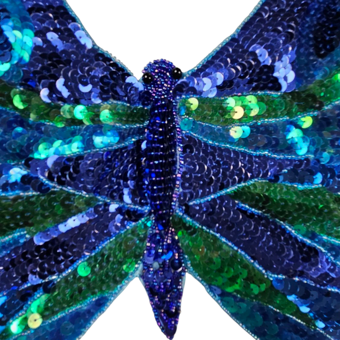 Haut dos nu papillon en sequins bleus et verts