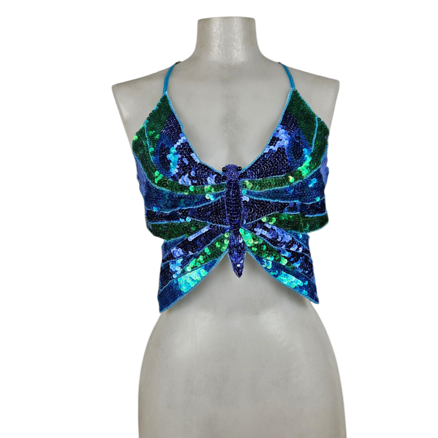 Haut dos nu papillon en sequins bleus et verts