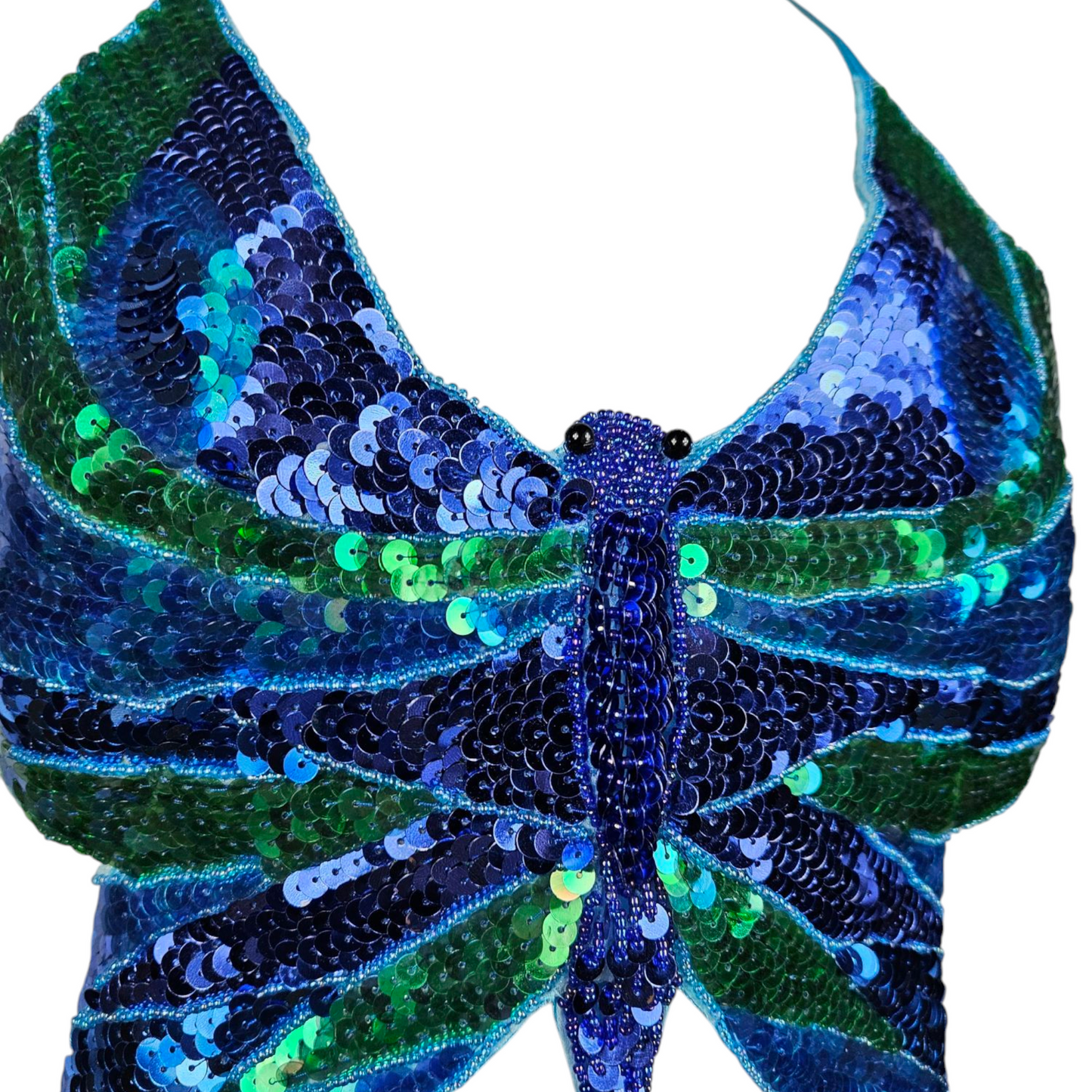 Haut dos nu papillon en sequins bleus et verts