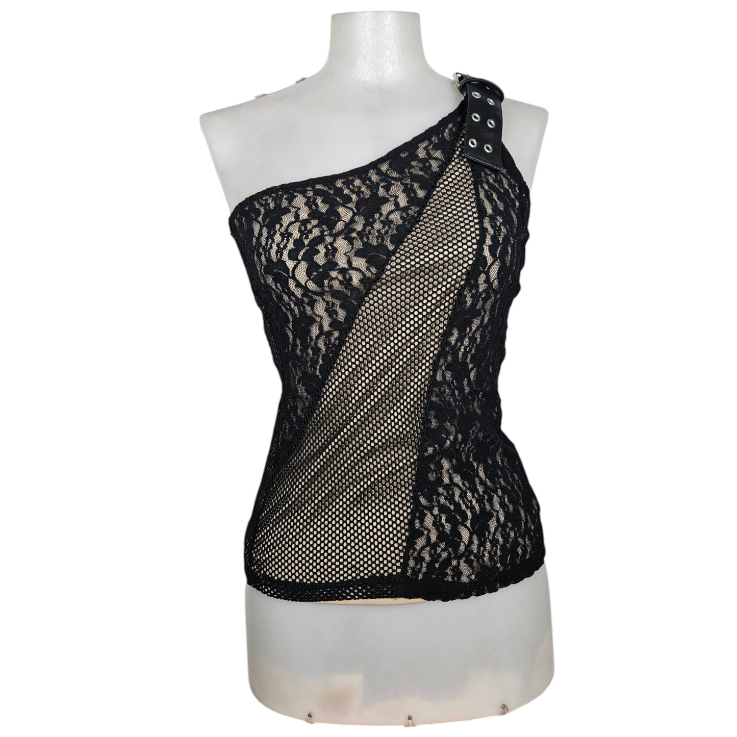 Haut asymétrique en résille et dentelle