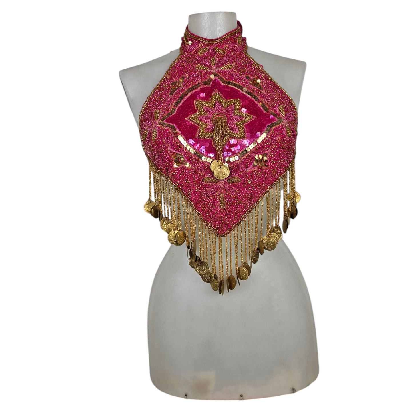 Dos nu brodé de perles et sequins rose et doré