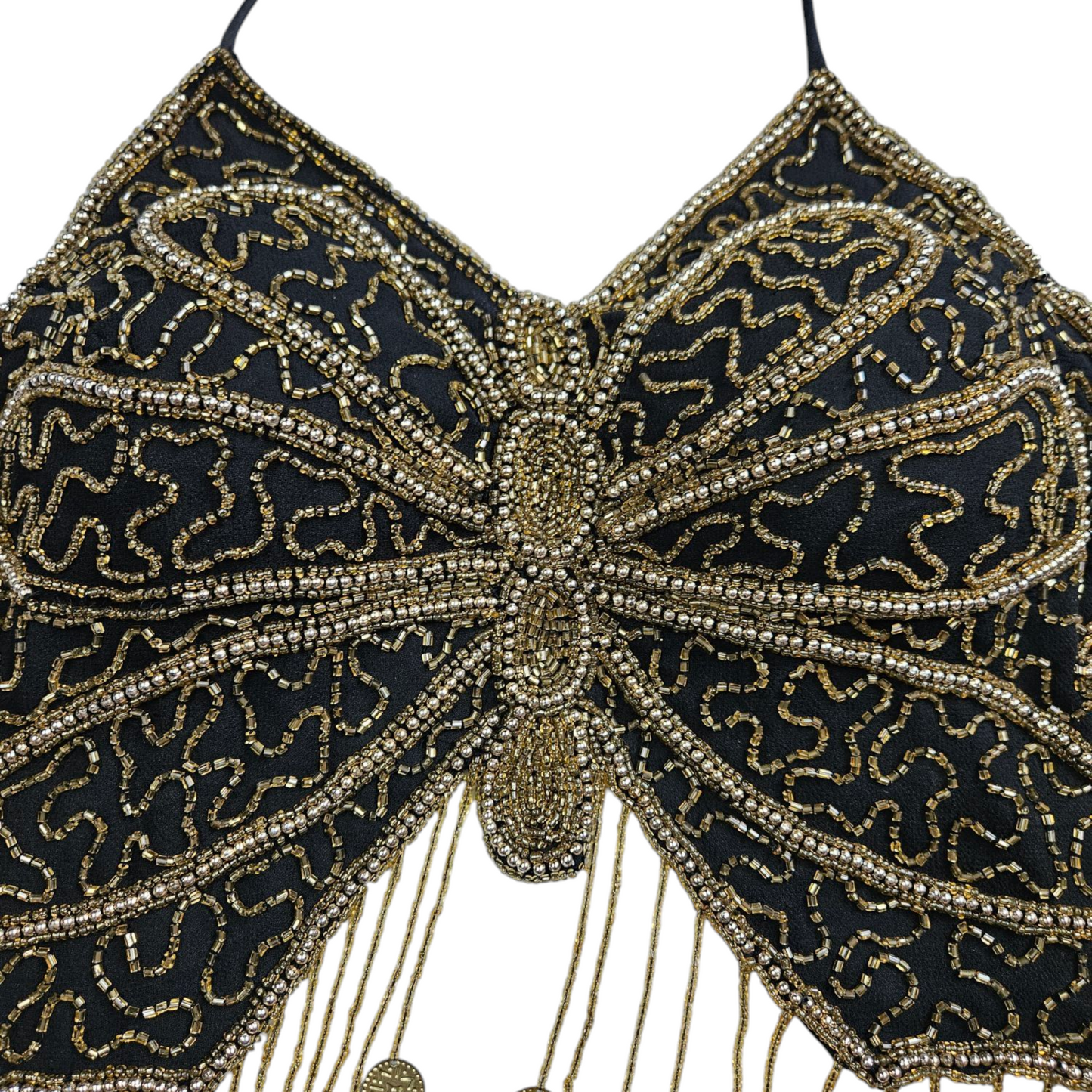 Haut papillon bordé de perles et sequins noir et doré