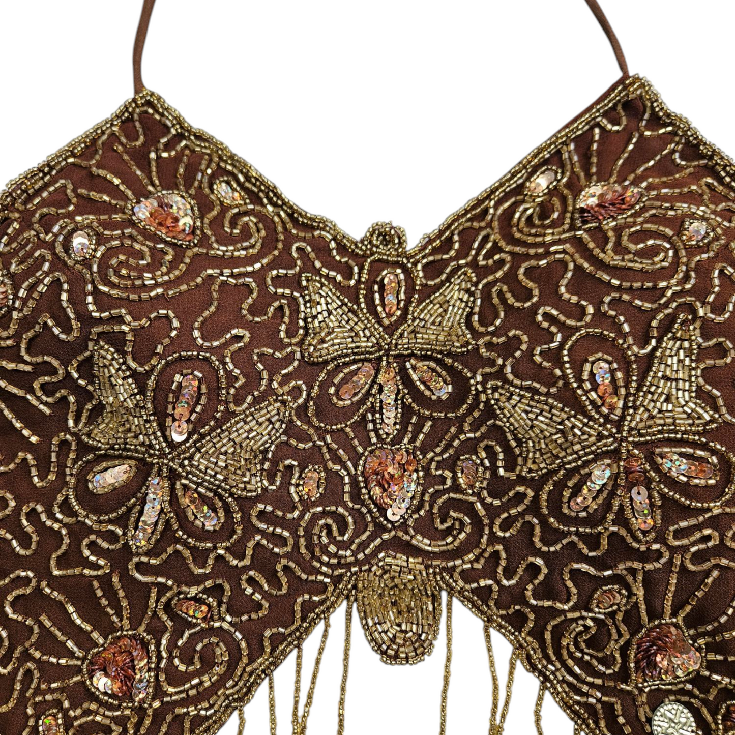Haut papillon brodé de perles et sequins marron et doré