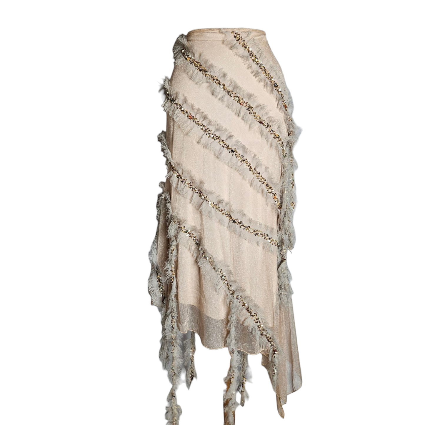 Asymmetrical skirt with feather and pearl details
