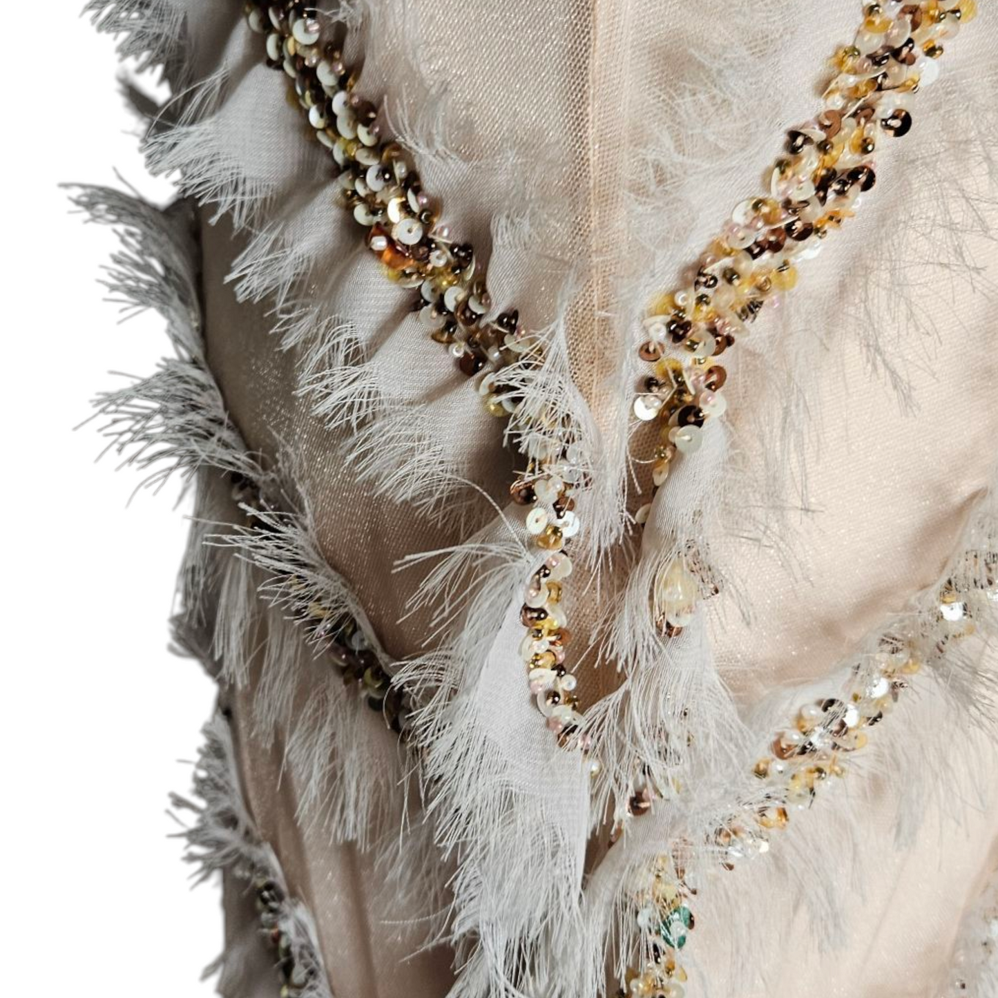 Asymmetrical skirt with feather and pearl details