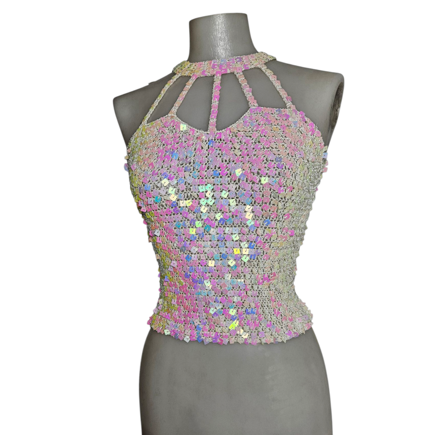 Open back in silk embroidered with sequins