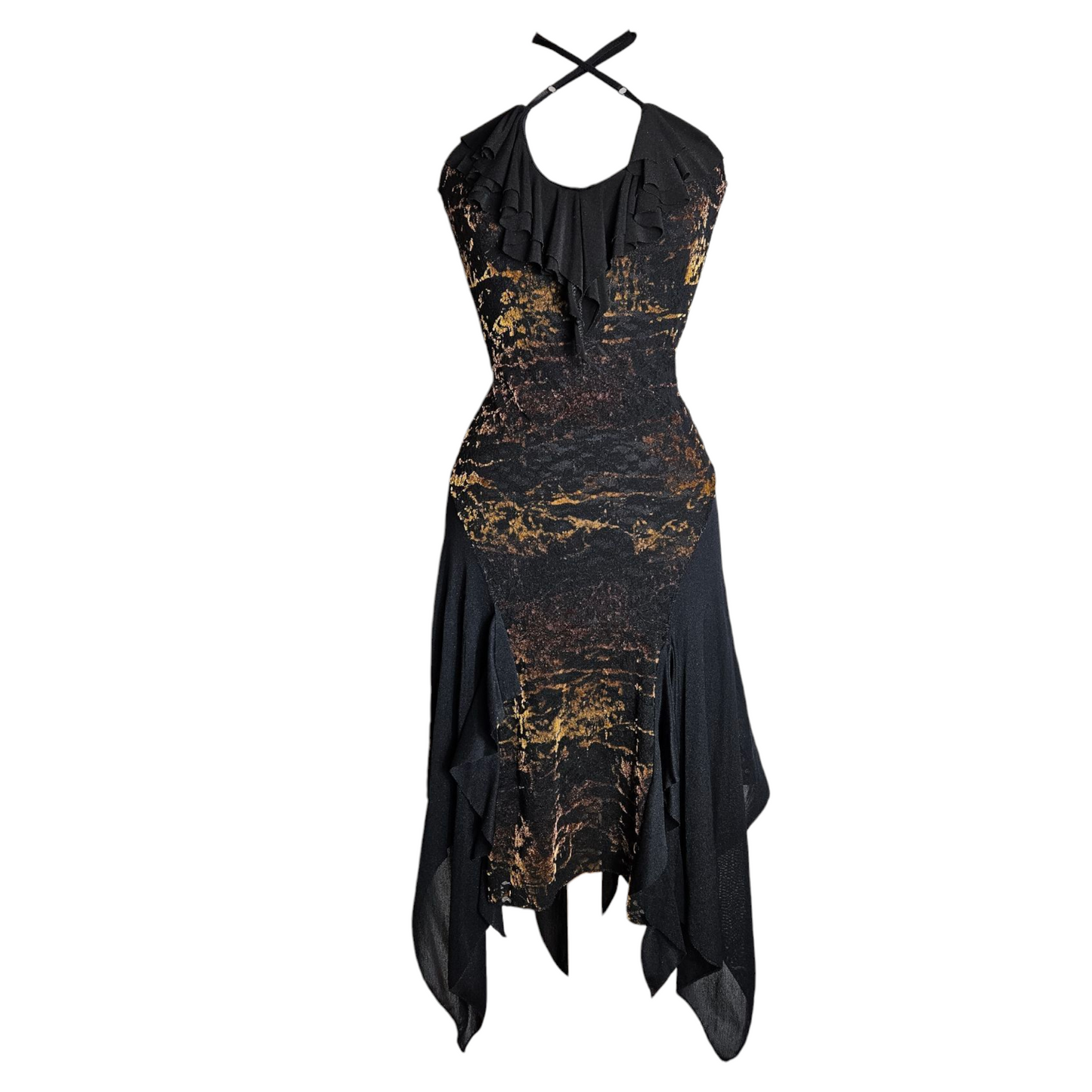 Asymmetrical dress with velvet patterns