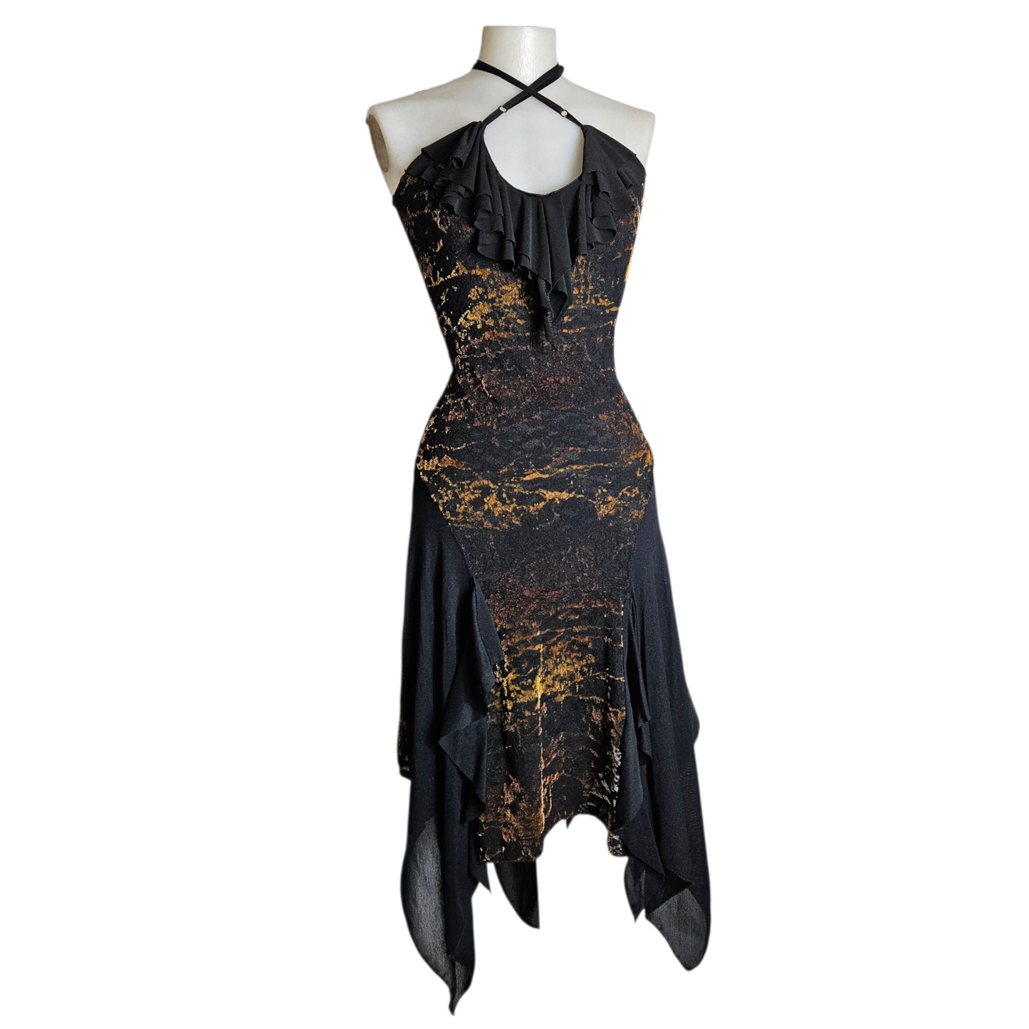 Asymmetrical dress with velvet patterns