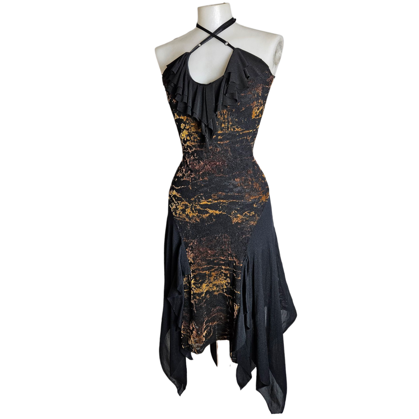 Asymmetrical dress with velvet patterns