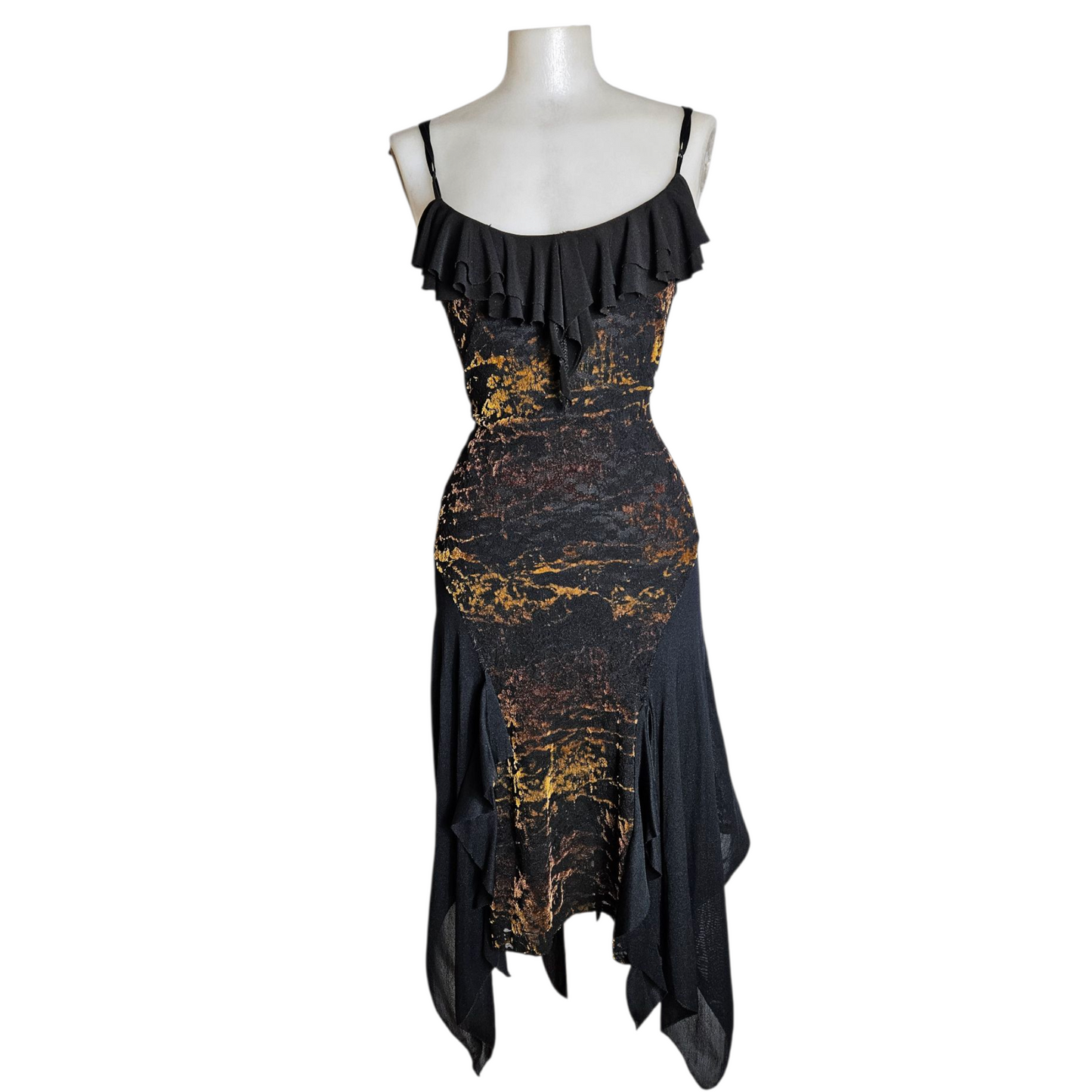 Asymmetrical dress with velvet patterns