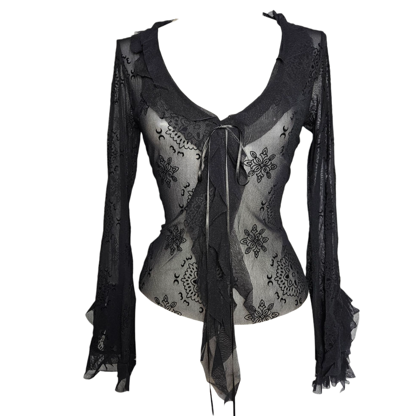 Black voile top with floral ruffles