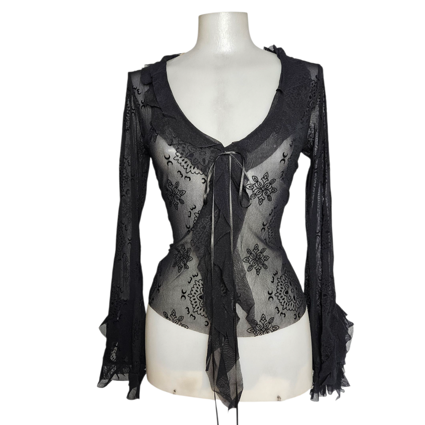 Black voile top with floral ruffles