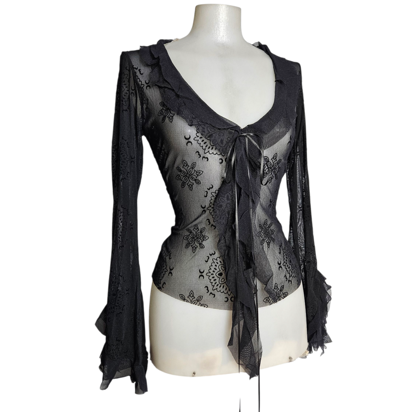 Black voile top with floral ruffles