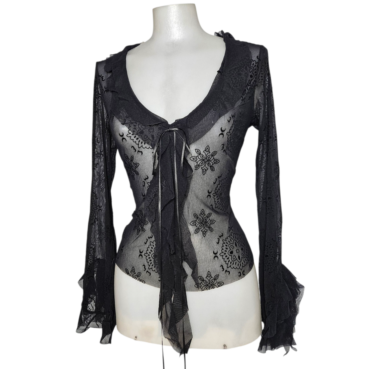 Black voile top with floral ruffles