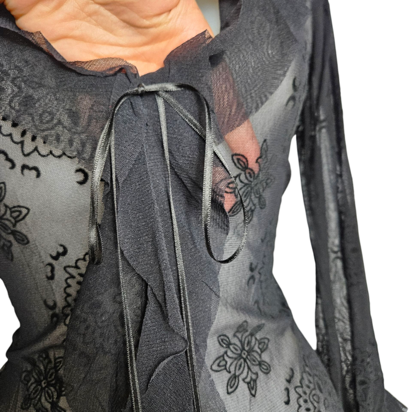 Black voile top with floral ruffles