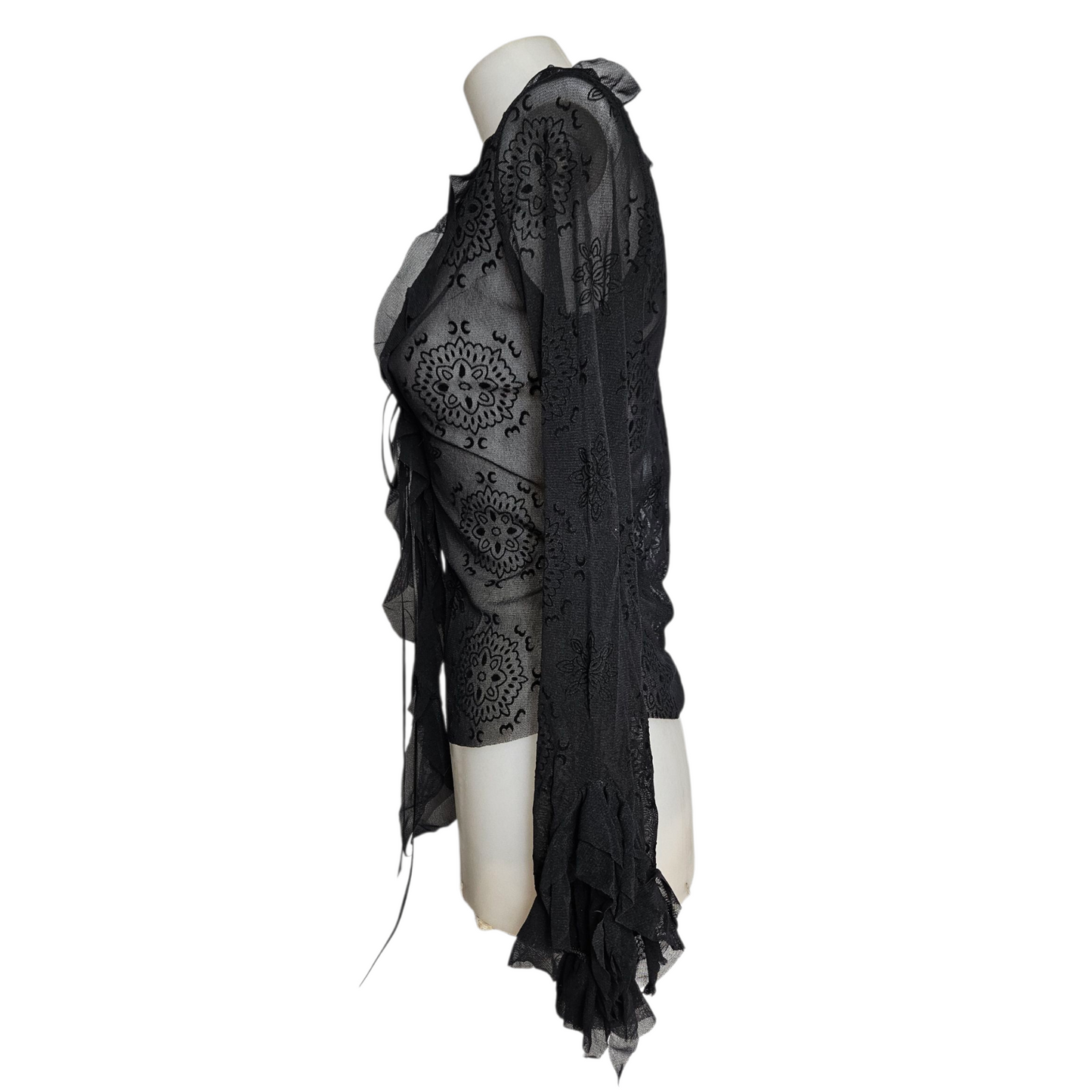 Black voile top with floral ruffles