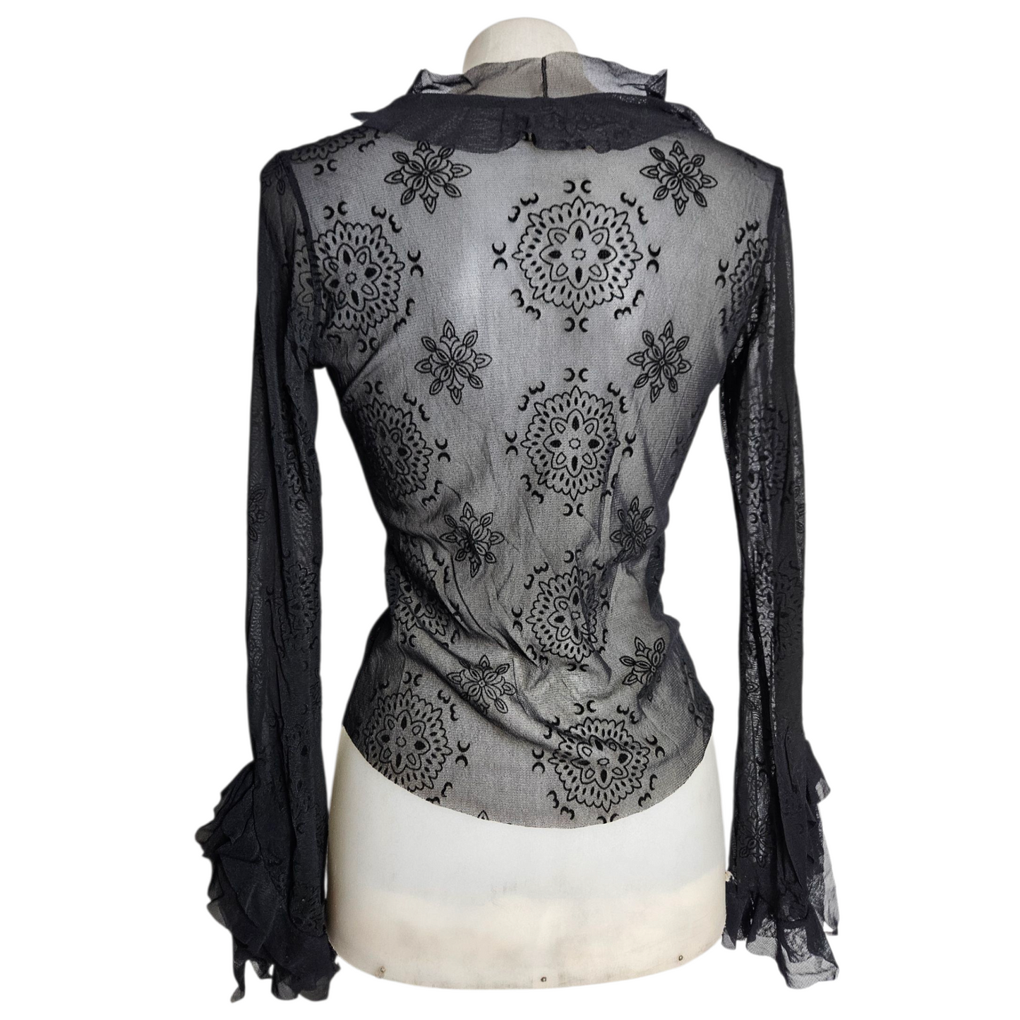 Black voile top with floral ruffles