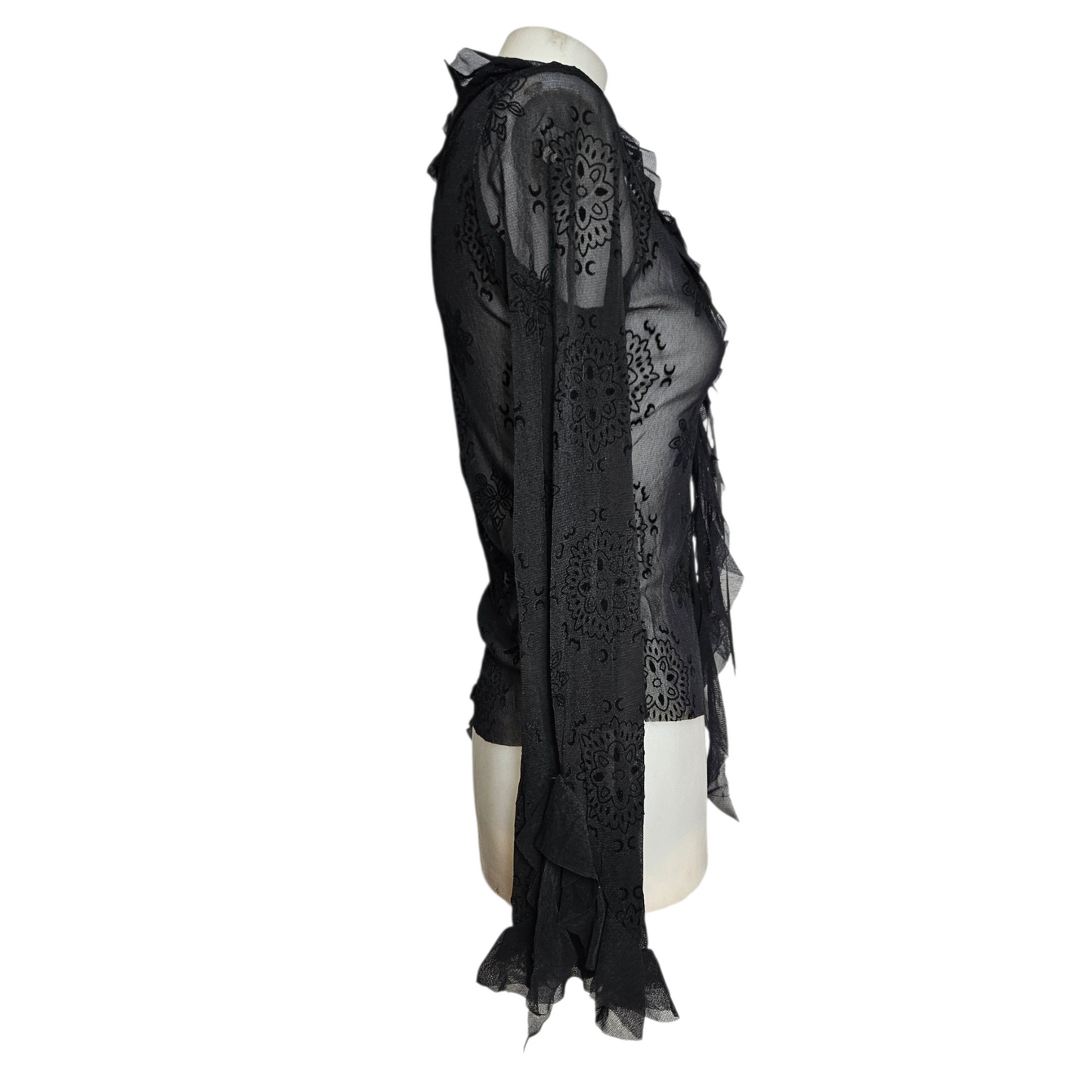Black voile top with floral ruffles