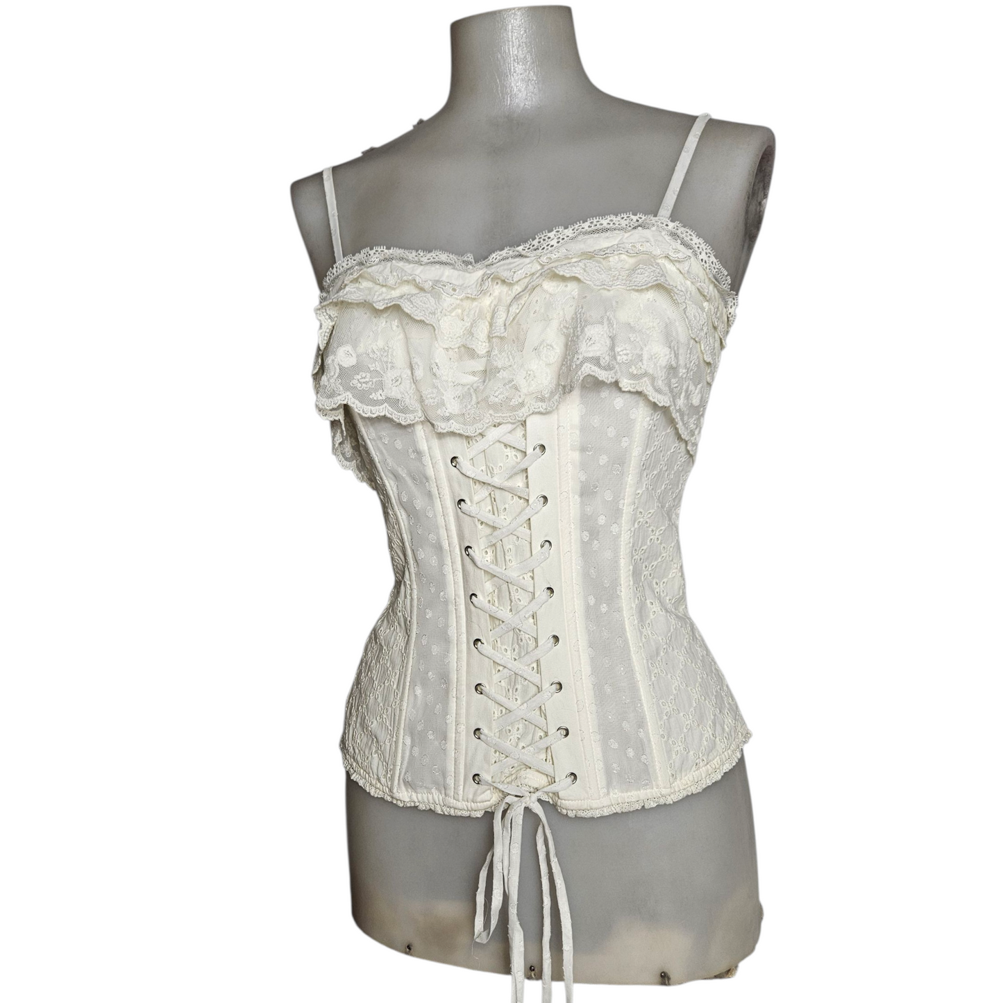 Corset-style top with lace ruffles