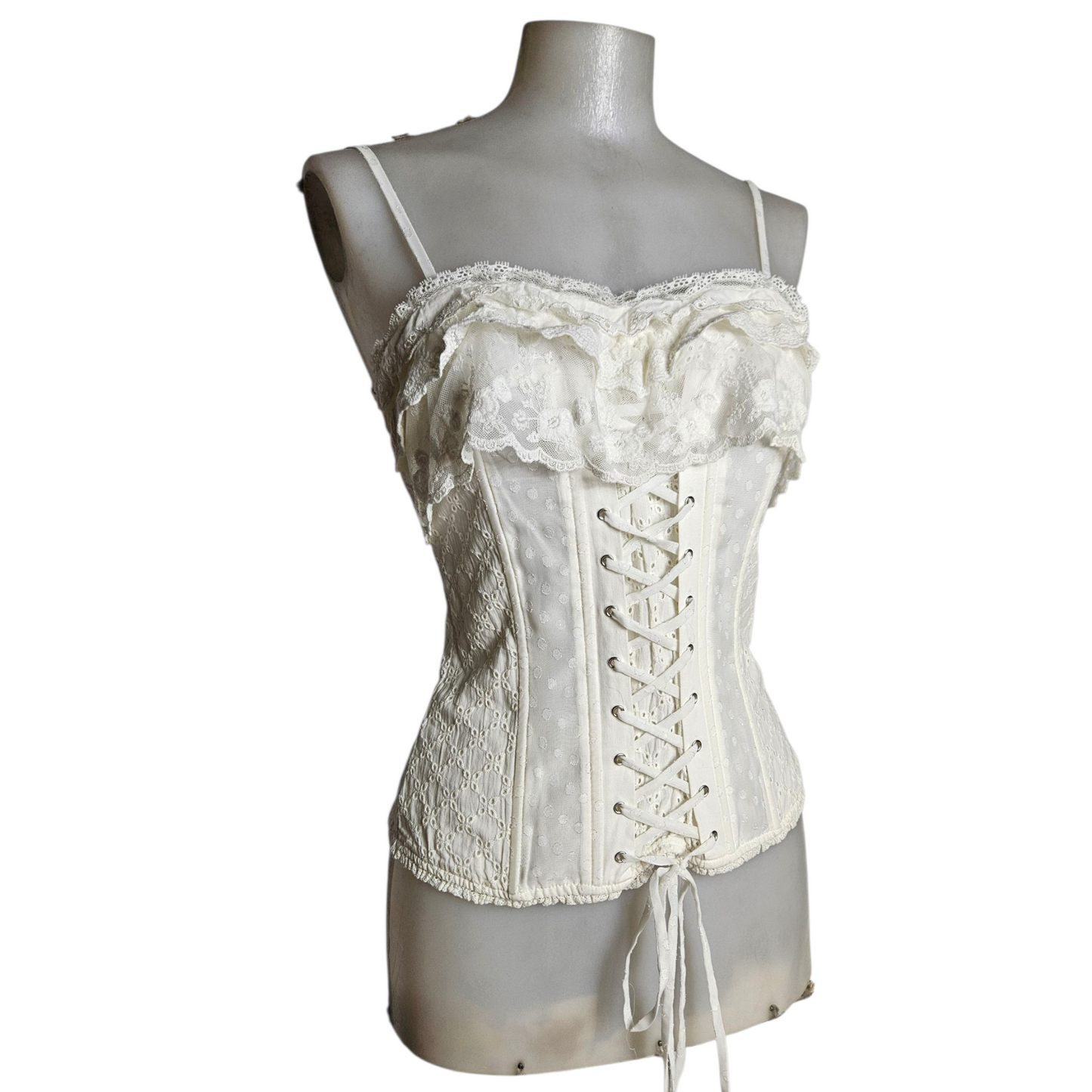 Corset-style top with lace ruffles