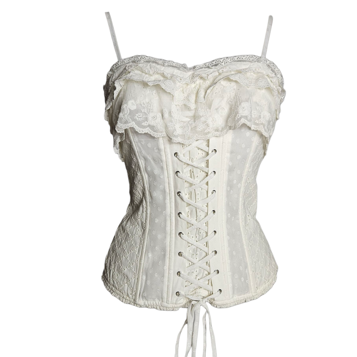 Corset-style top with lace ruffles