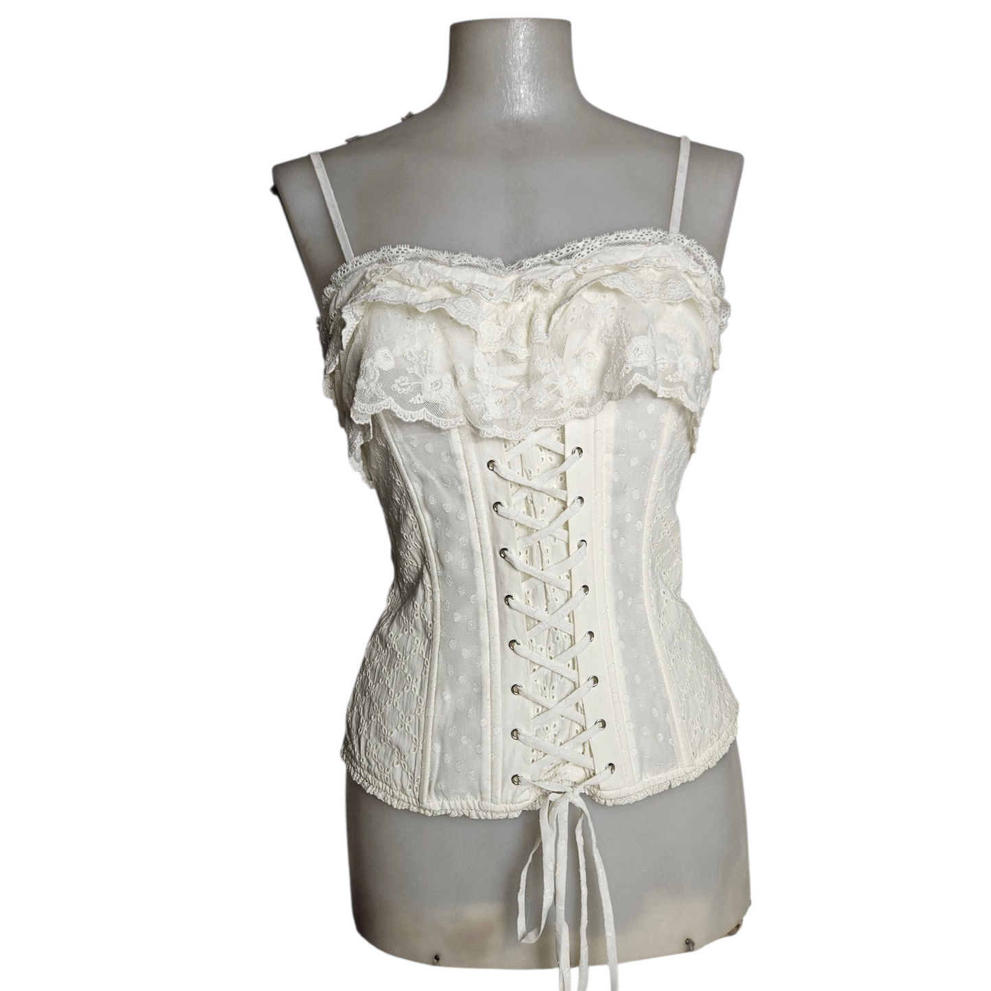 Corset-style top with lace ruffles