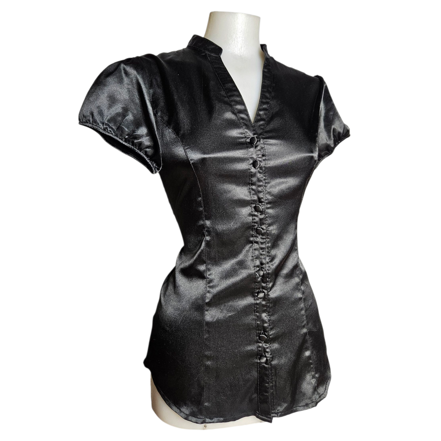 Black satin short-sleeved shirt