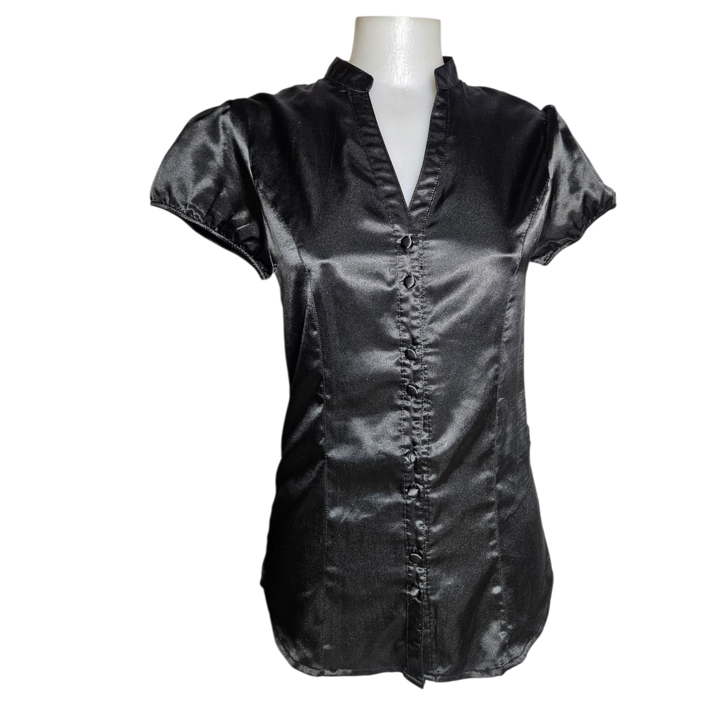 Black satin short-sleeved shirt