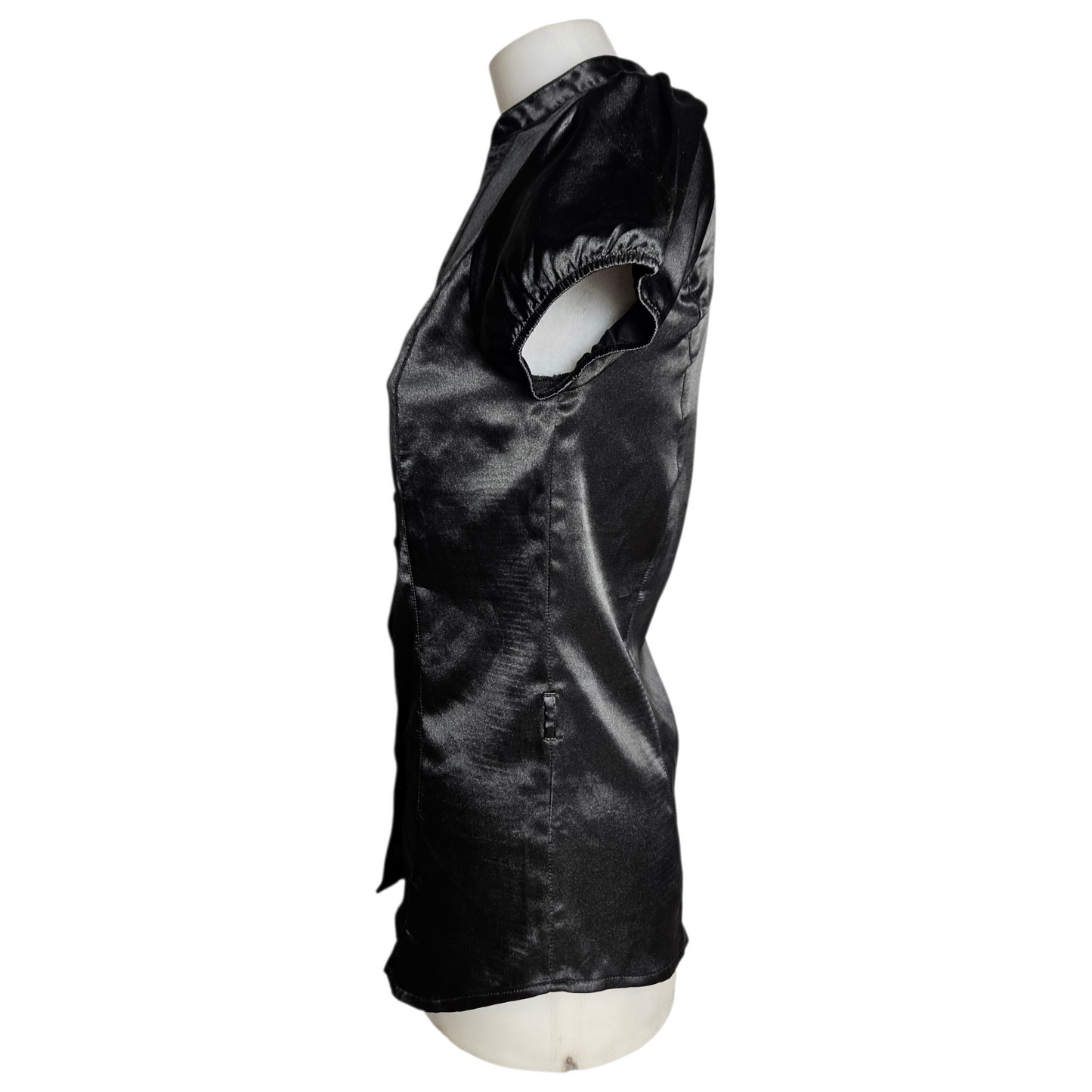 Black satin short-sleeved shirt