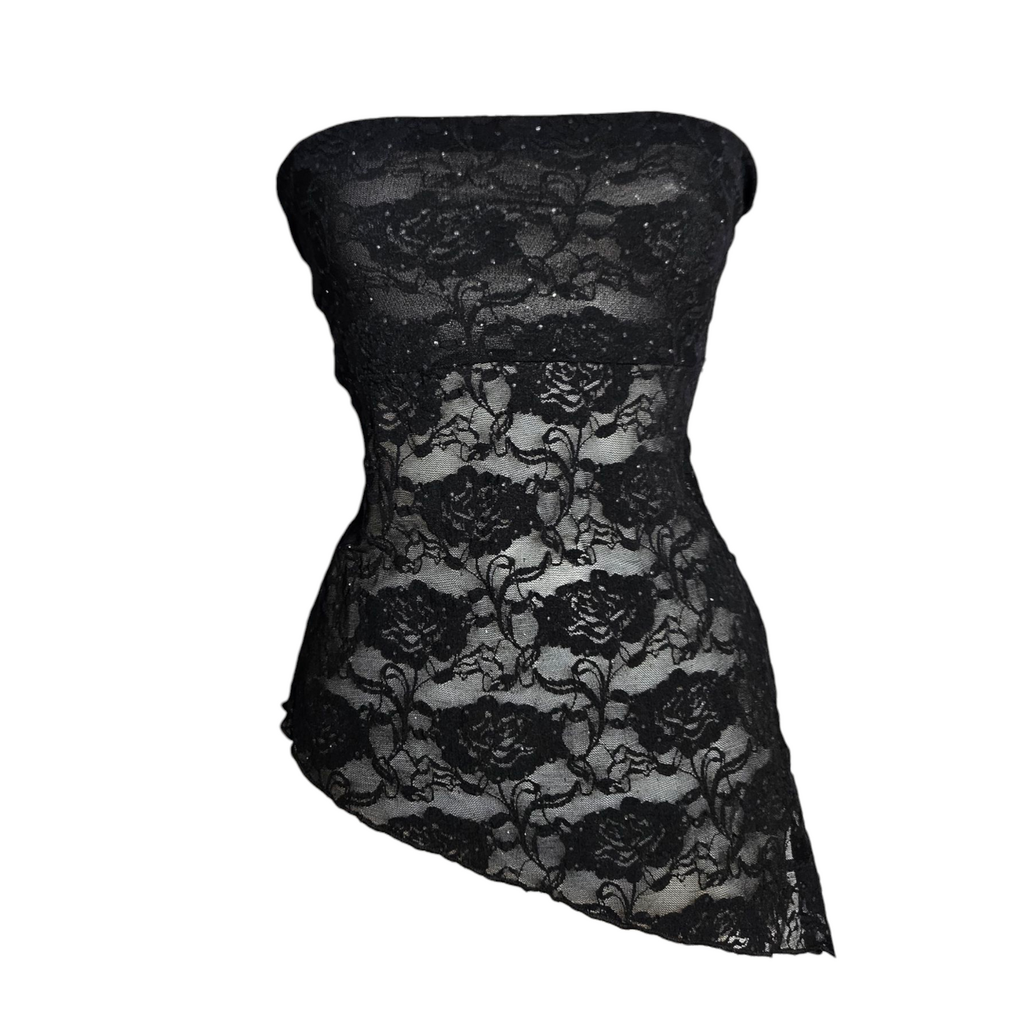 Black lace asymmetric strapless top